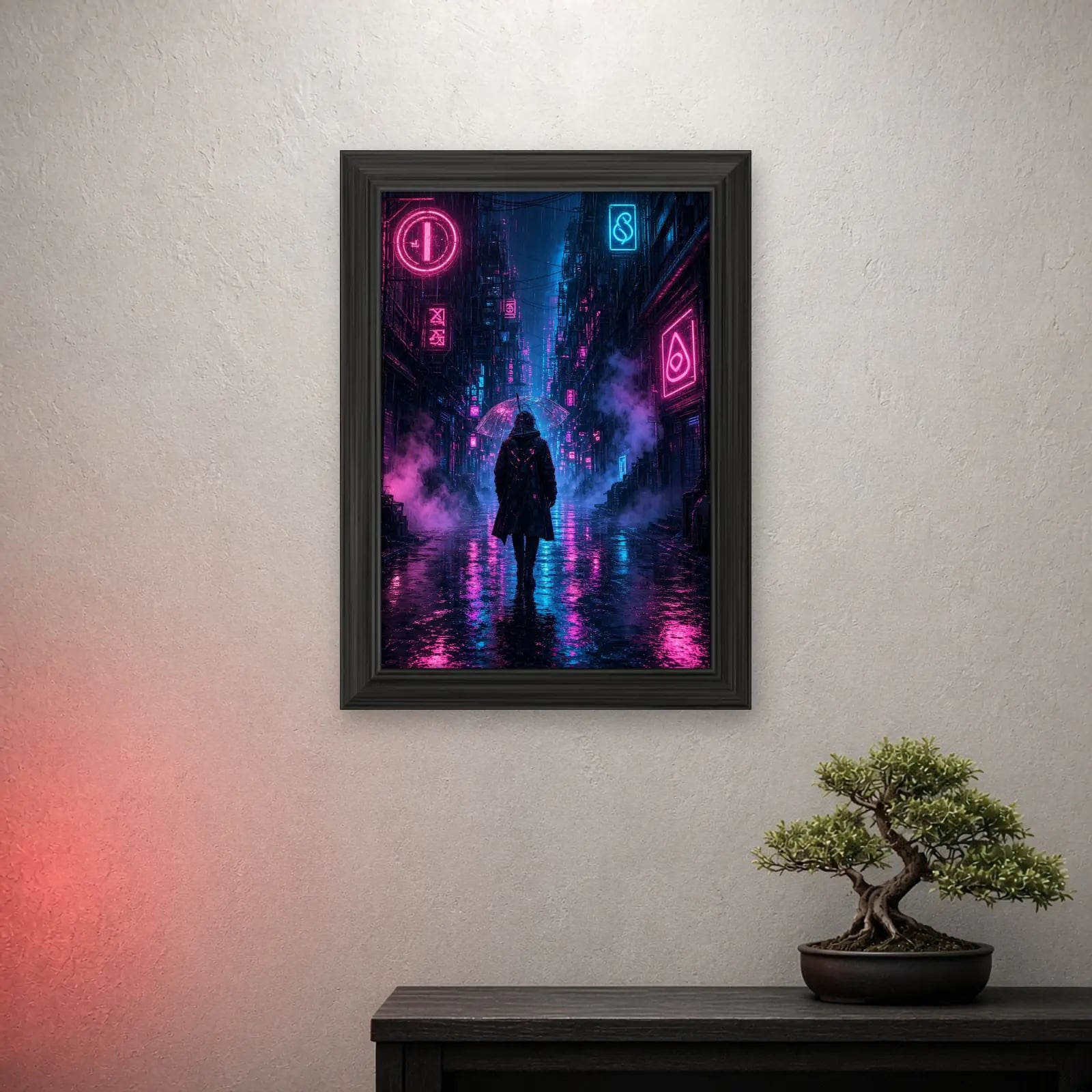 Rain City Nights Art Print on a light wall with a crimson glow