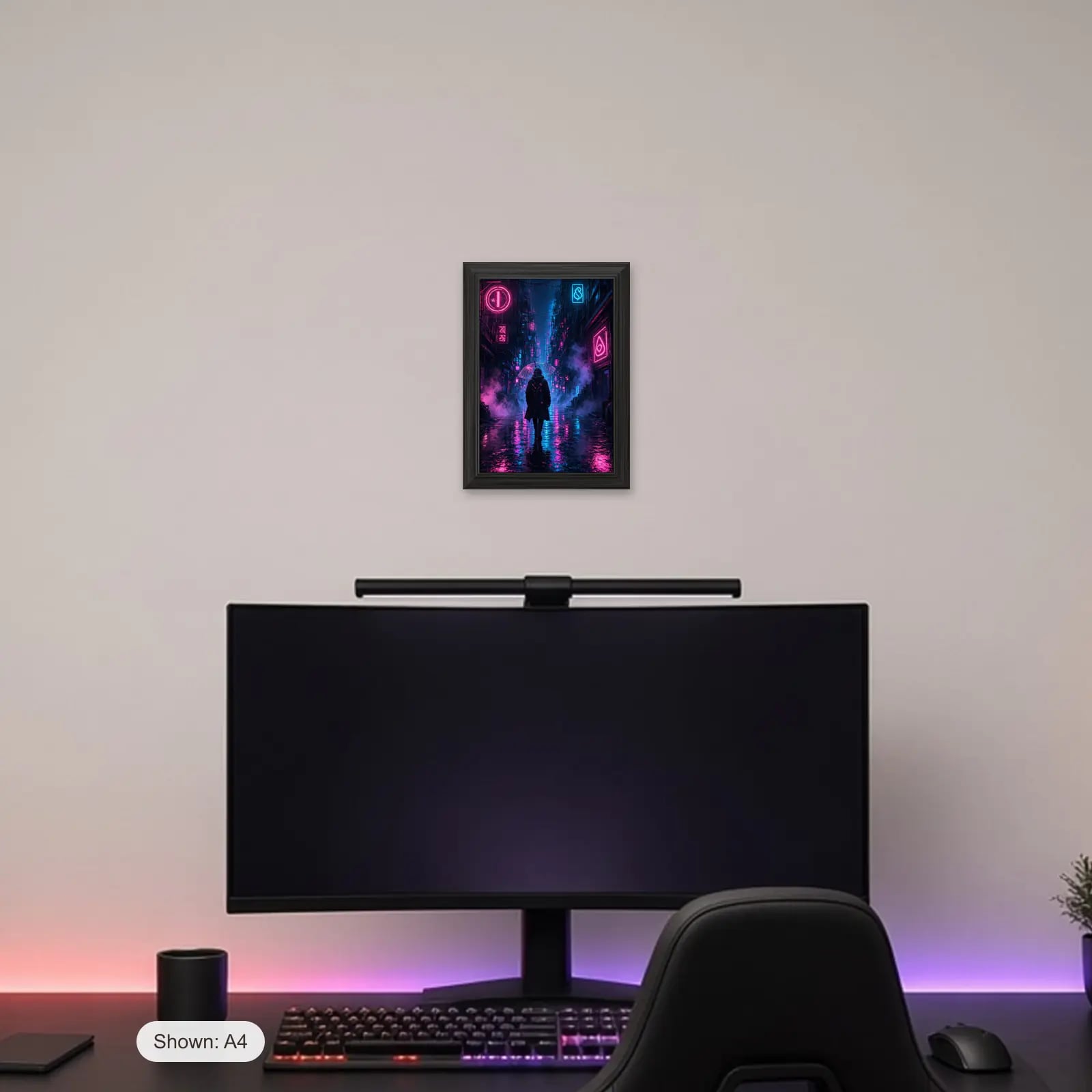 Rain City Nights Art Print above a gaming desk