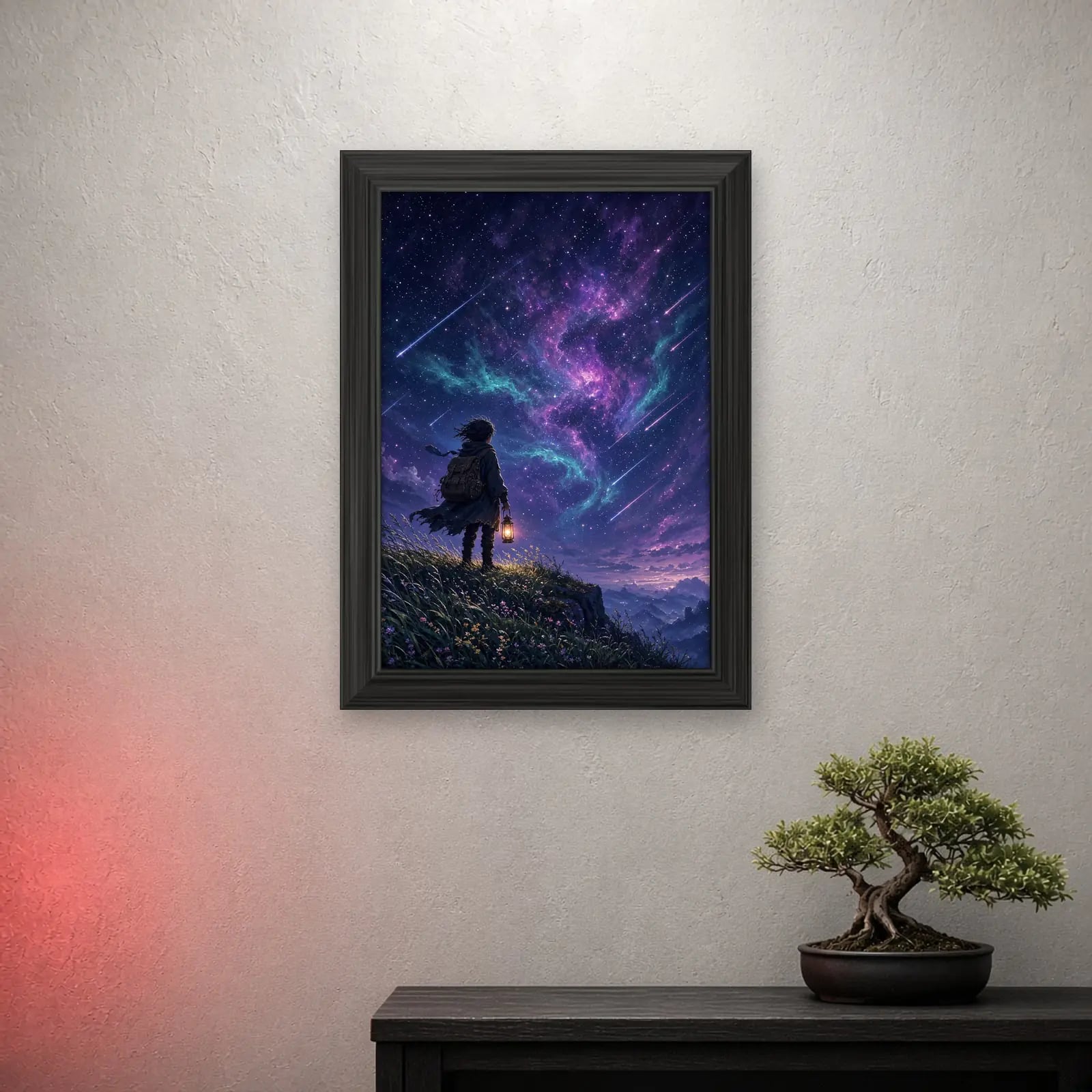 Starfall Wanderer Art Print on a light wall with a crimson glow