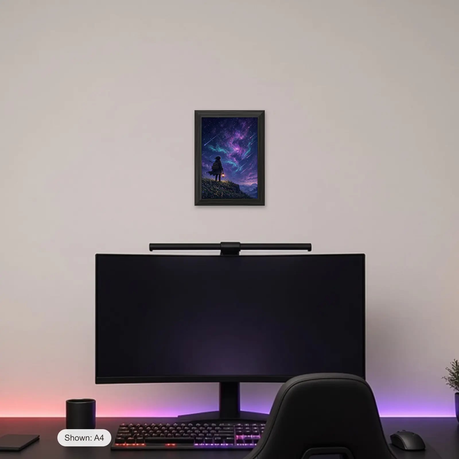 Starfall Wanderer Art Print above a gaming desk