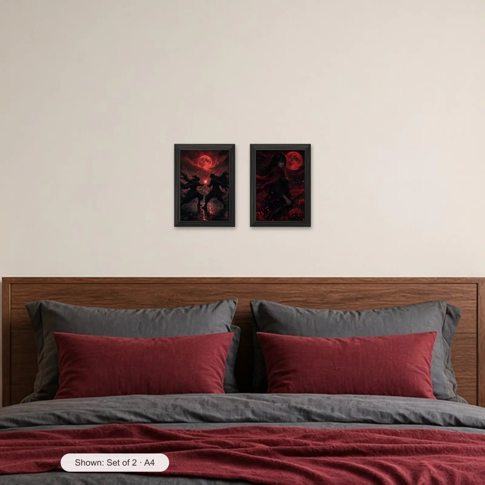 Crimson Duel Set of 2 above a bed with crimson pillows