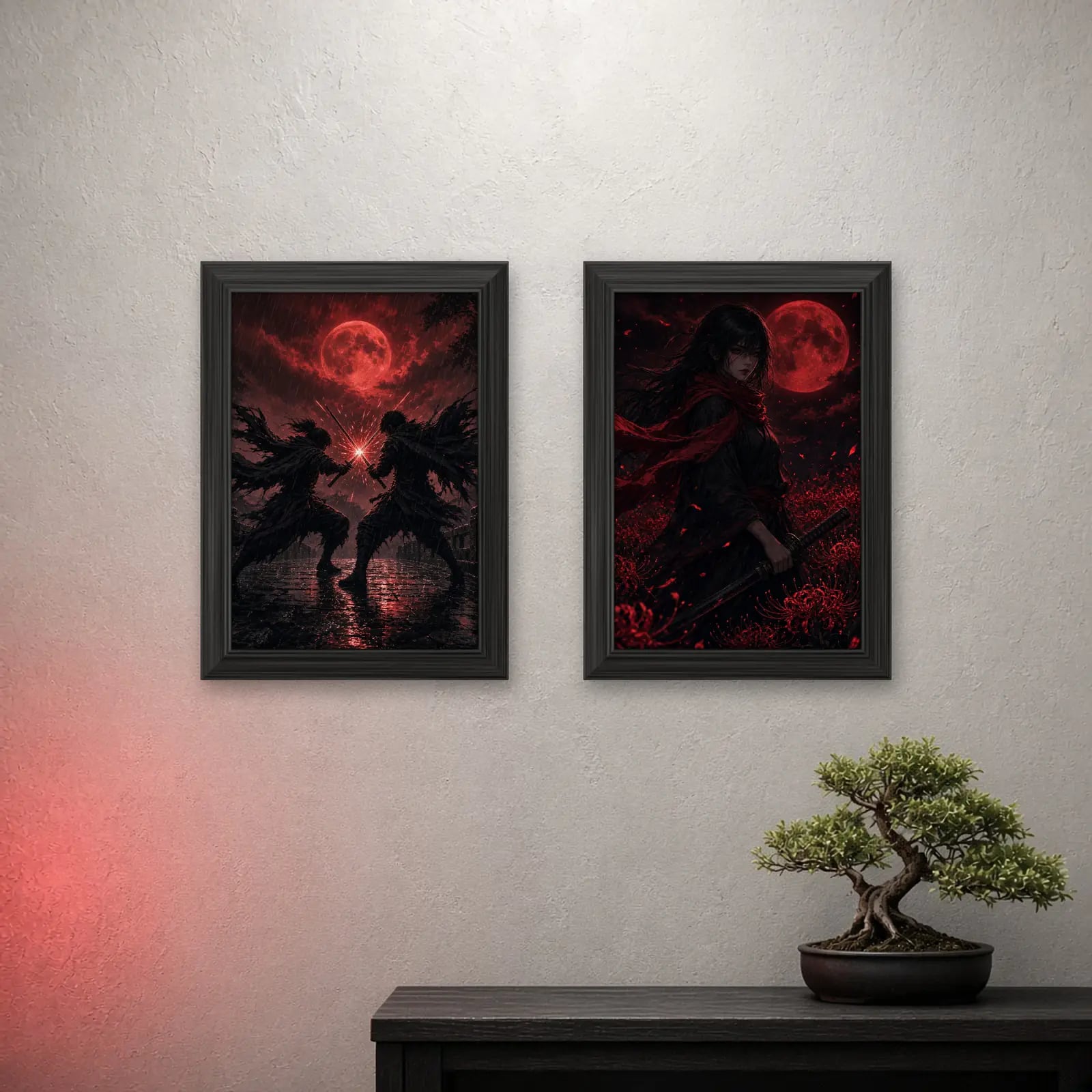 Crimson Duel Set of 2 on a light wall with a crimson glow