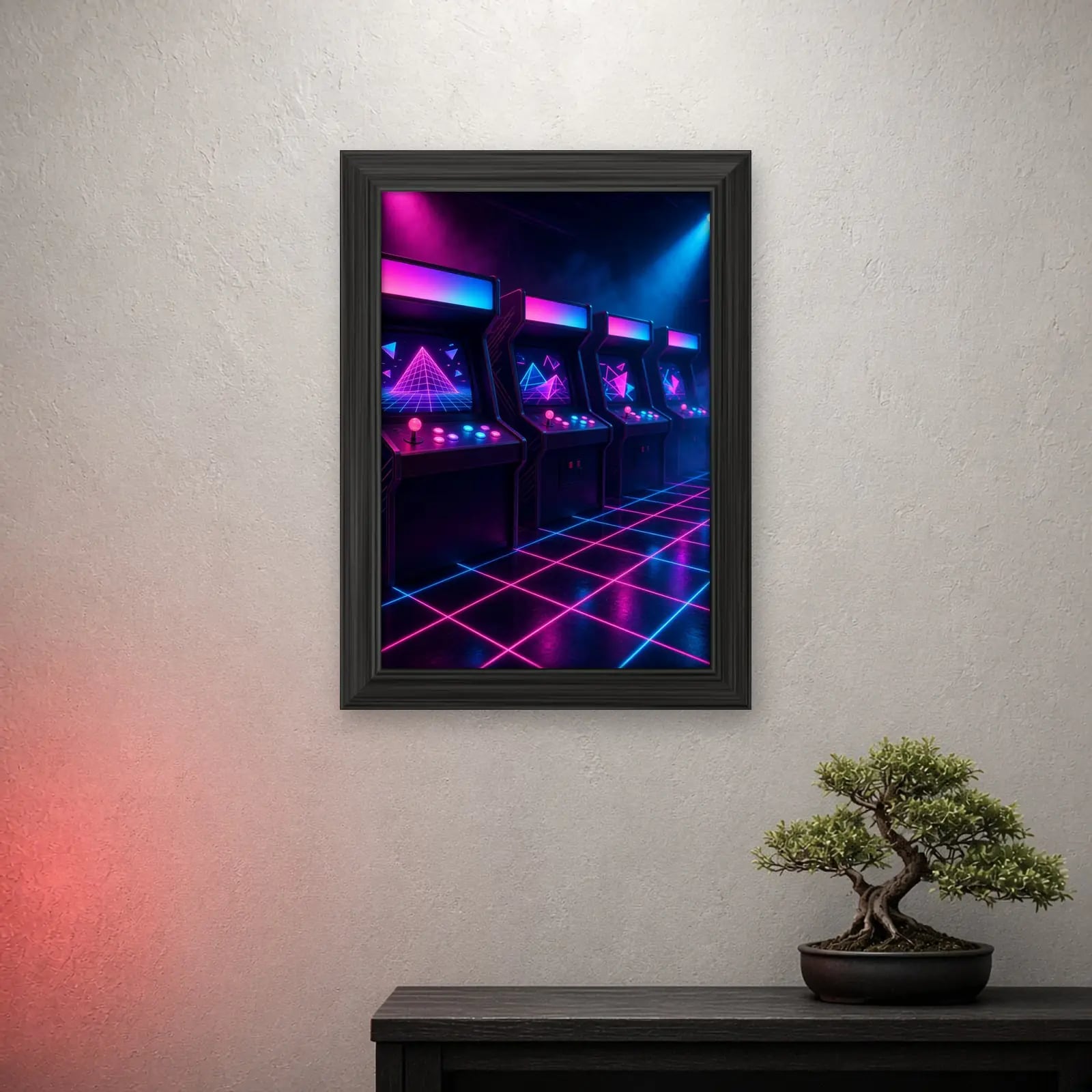 Respawn Arcade Gaming Frame on a light wall with a crimson glow
