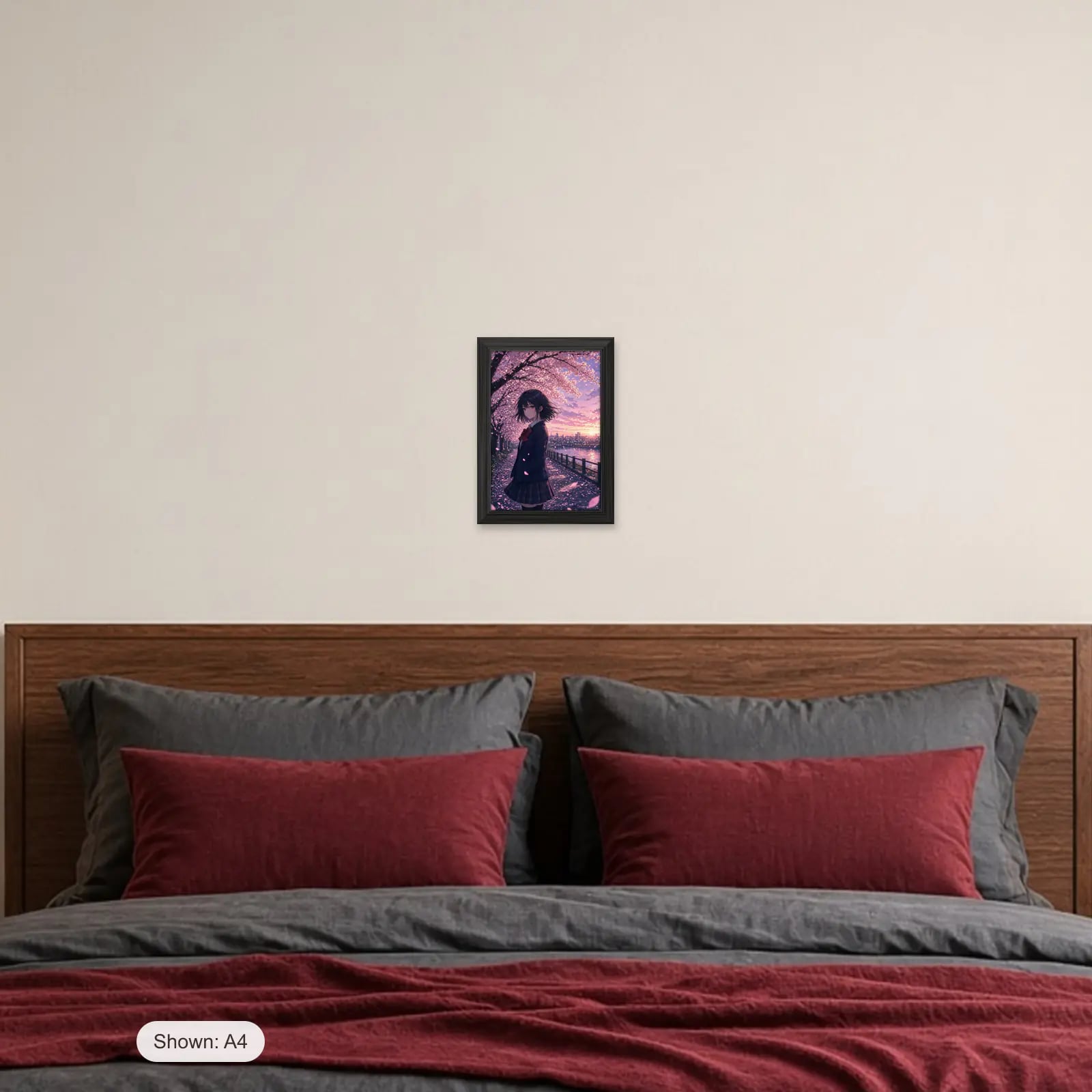 Sakura Drift Anime Frame above a bed with crimson pillows