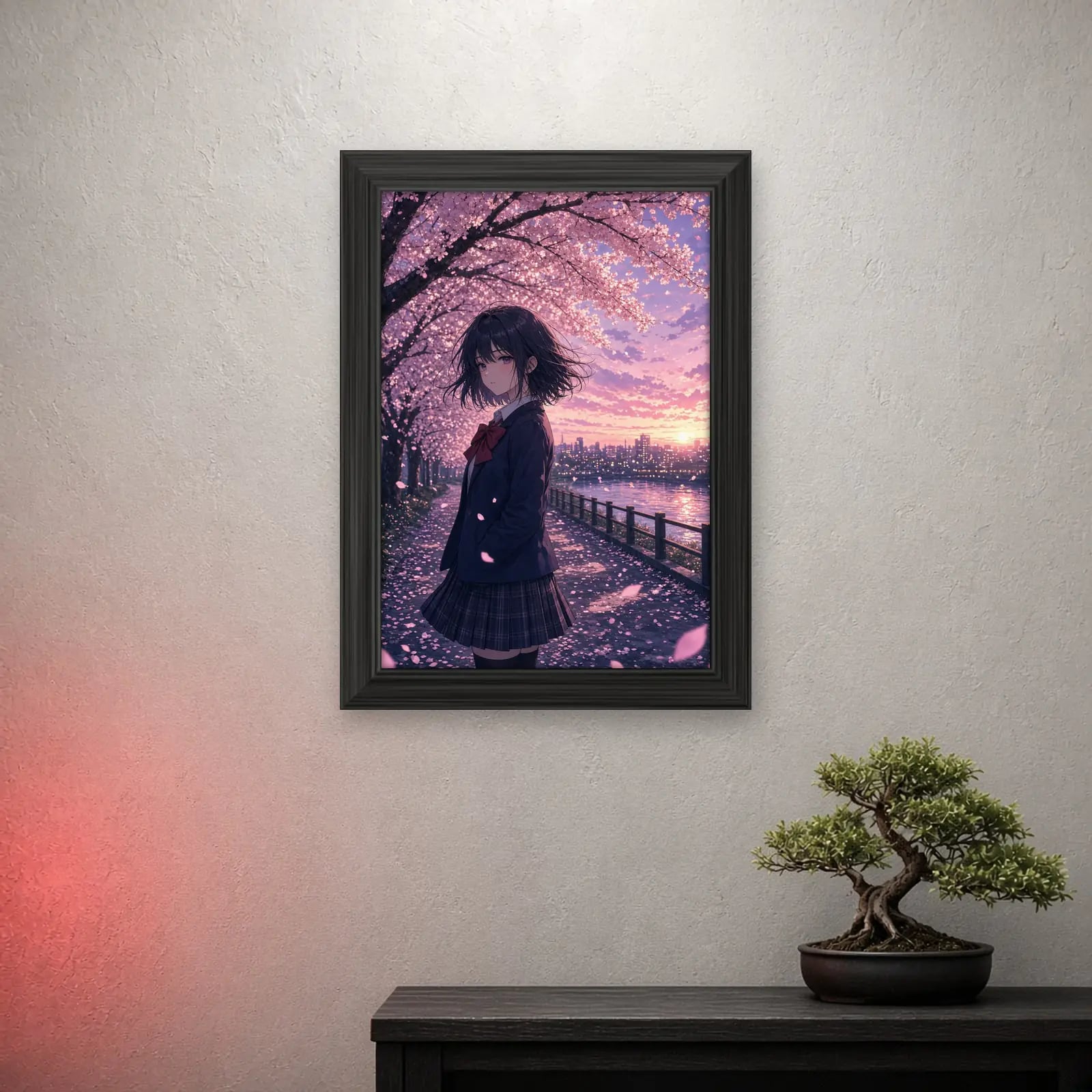 Sakura Drift Anime Frame on a light wall with a crimson glow