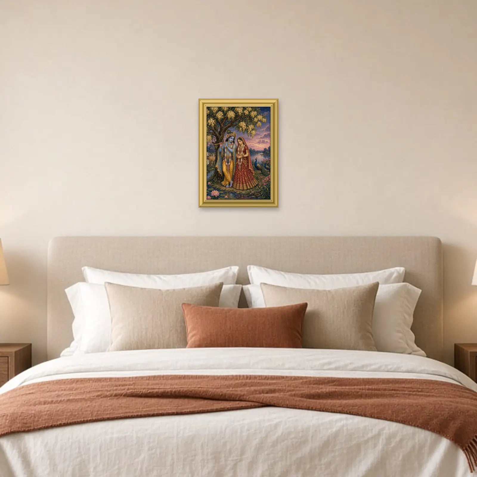 Radha Krishna Frame above a bed