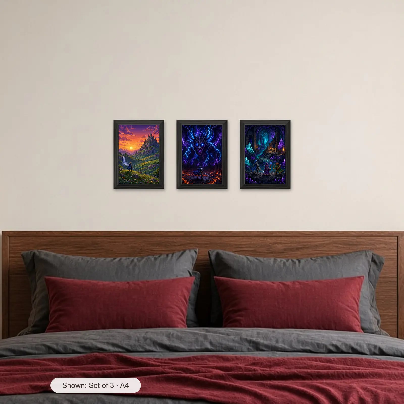 Gamer Wall Set of 3 above a bed with crimson pillows