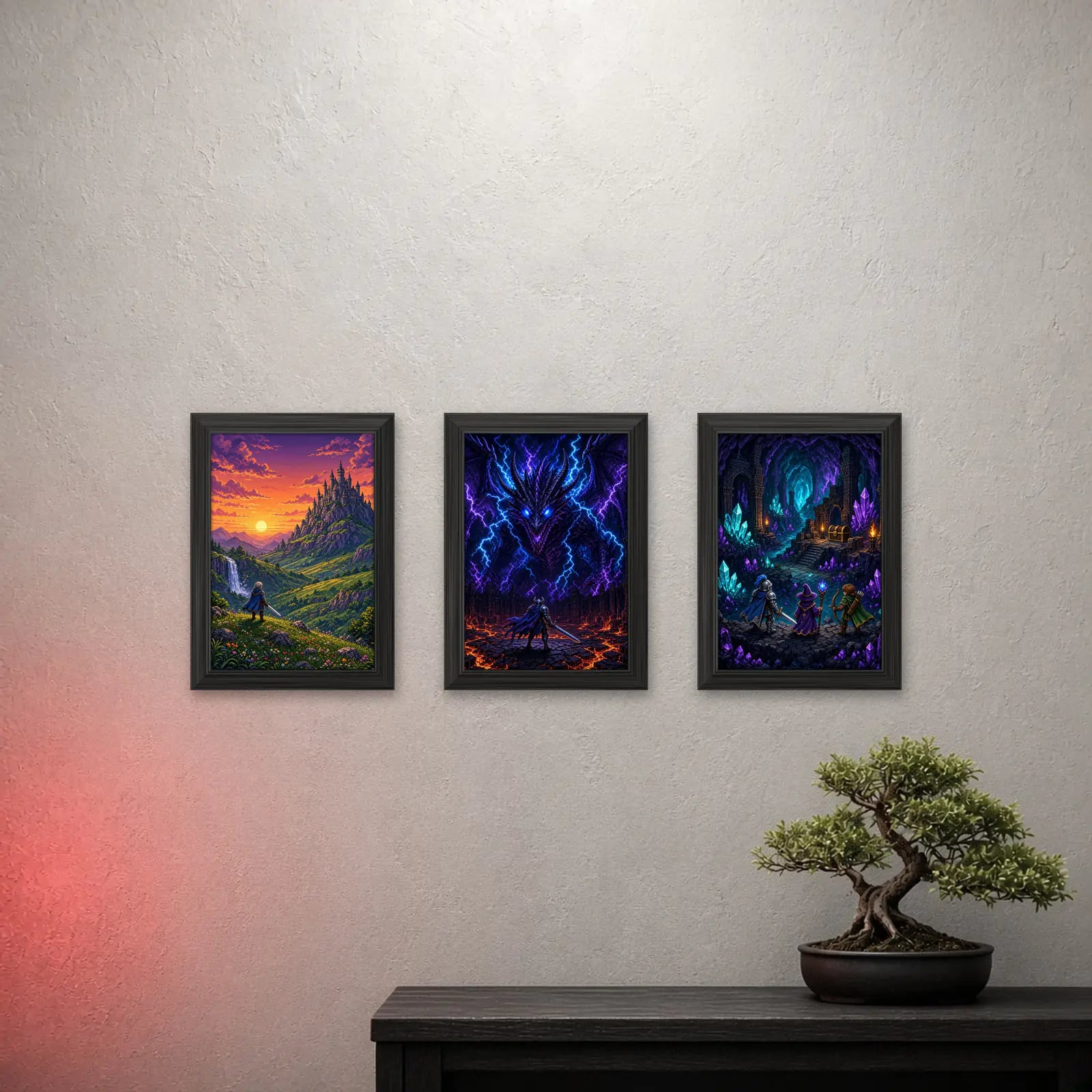 Gamer Wall Set of 3 on a light wall with a crimson glow