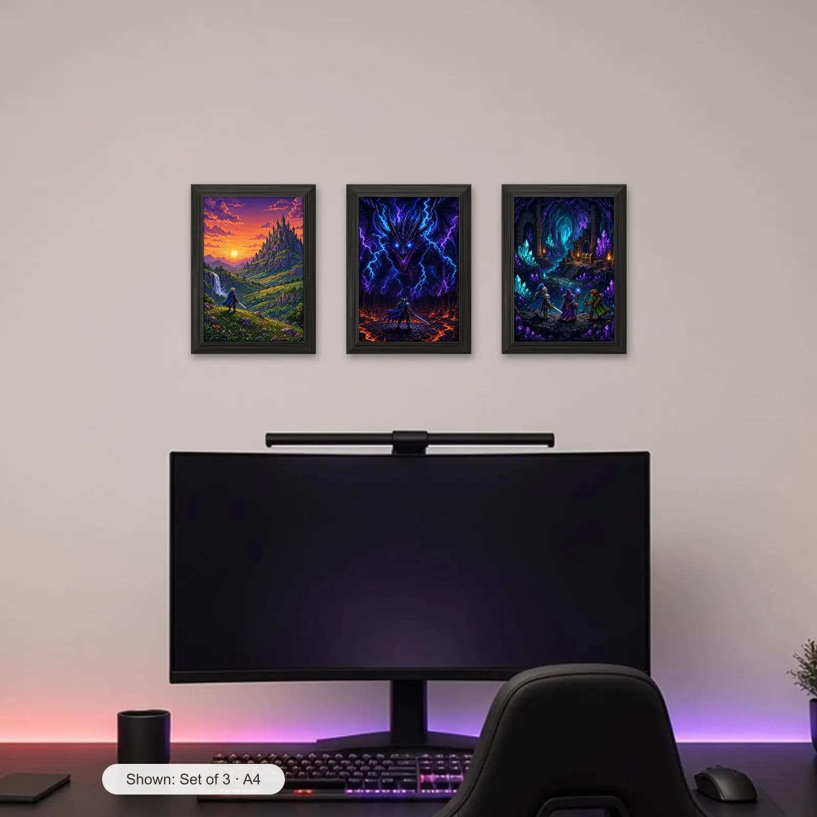 Gamer Wall Set of 3 above a gaming desk