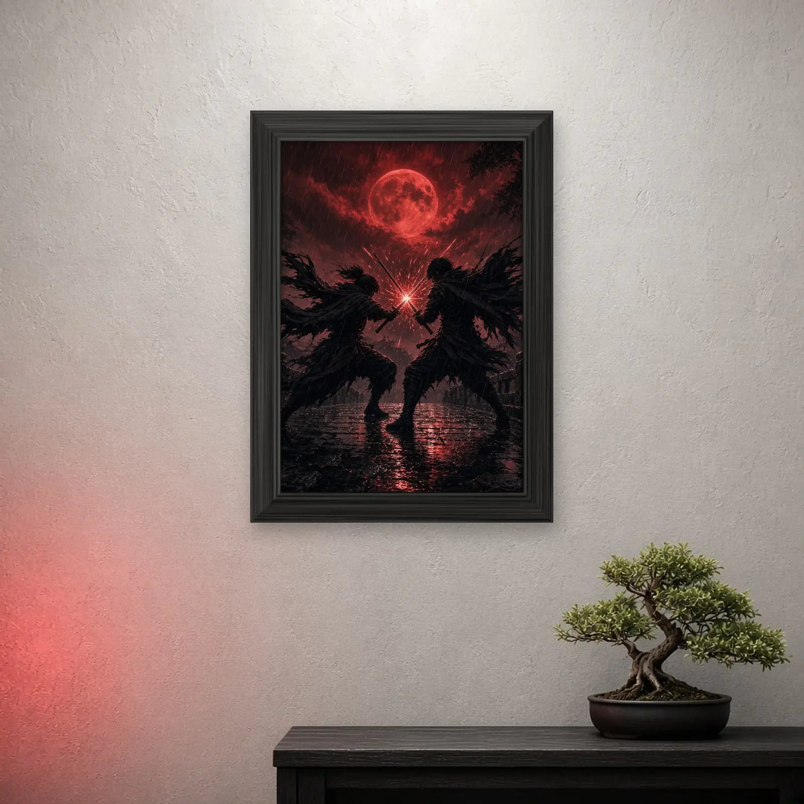 Crimson Rain Duel Frame on a light wall with a crimson glow