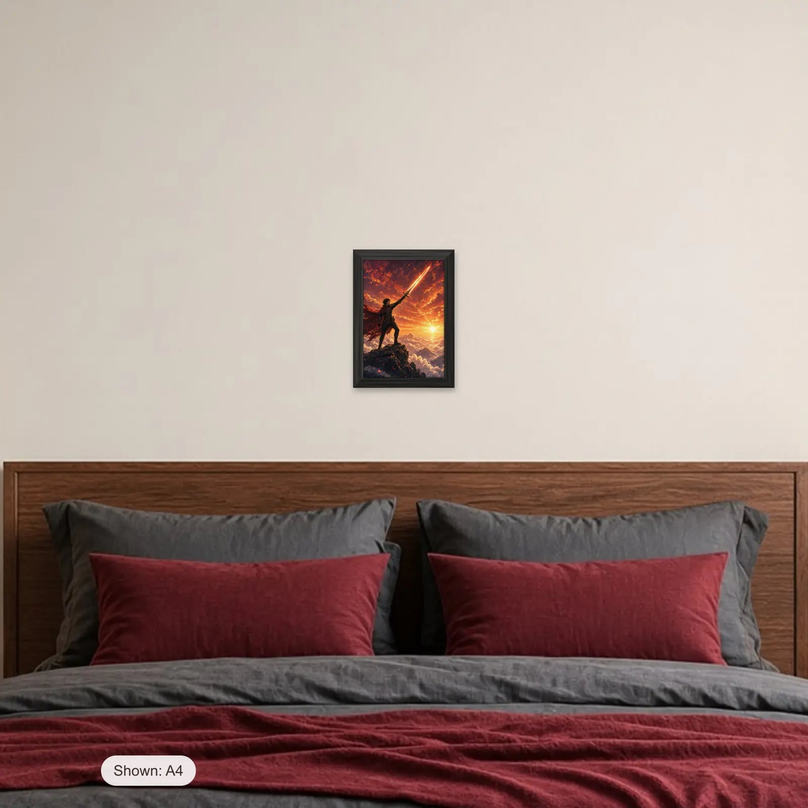 Skyward Blade Art Print above a bed with crimson pillows