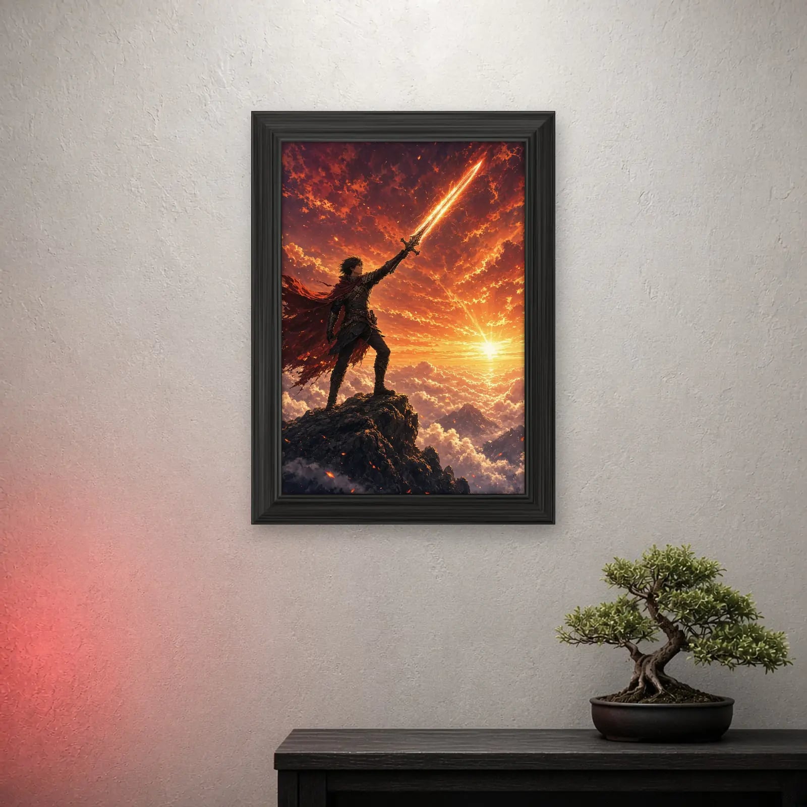 Skyward Blade Art Print on a light wall with a crimson glow