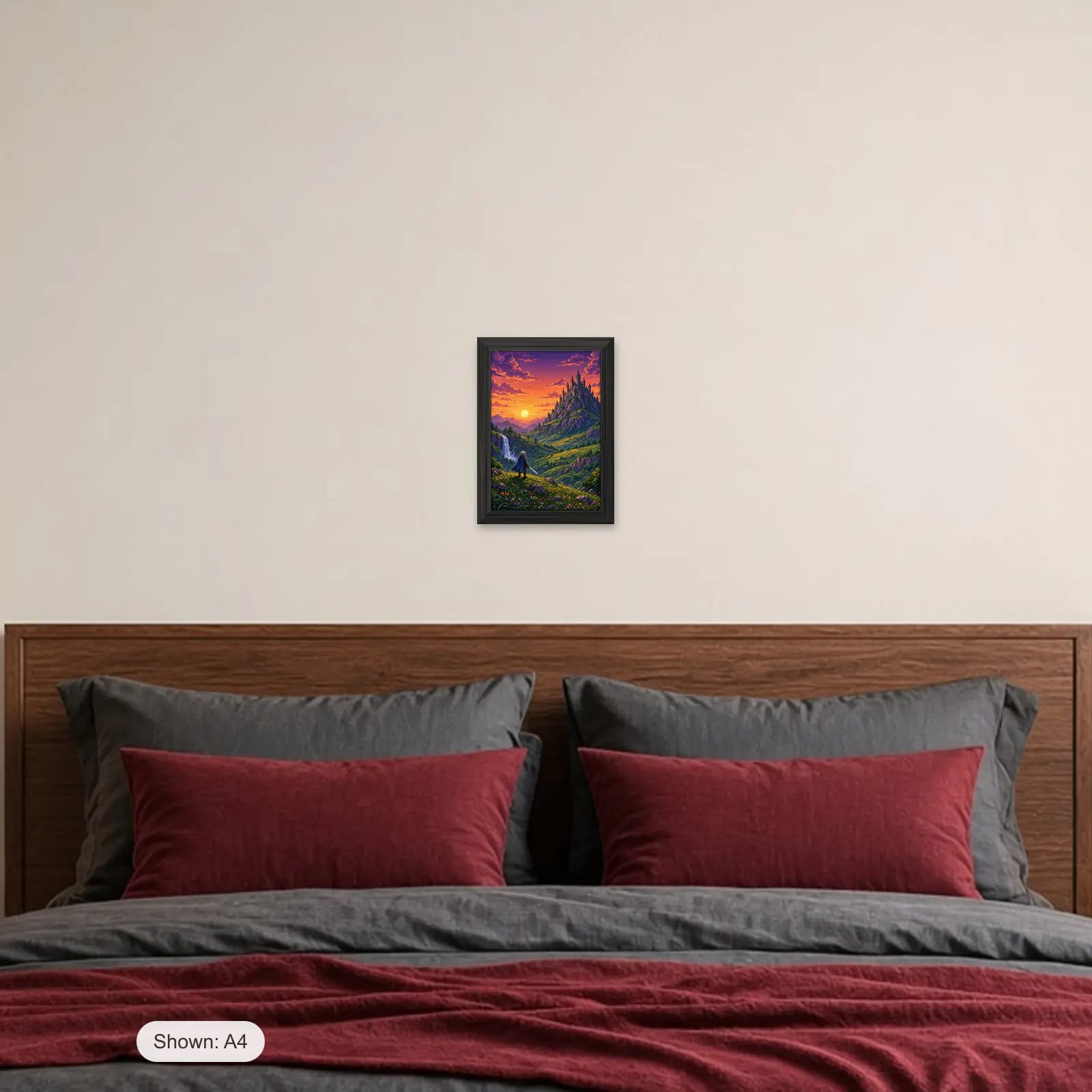 Pixel Quest Gaming Frame above a bed with crimson pillows