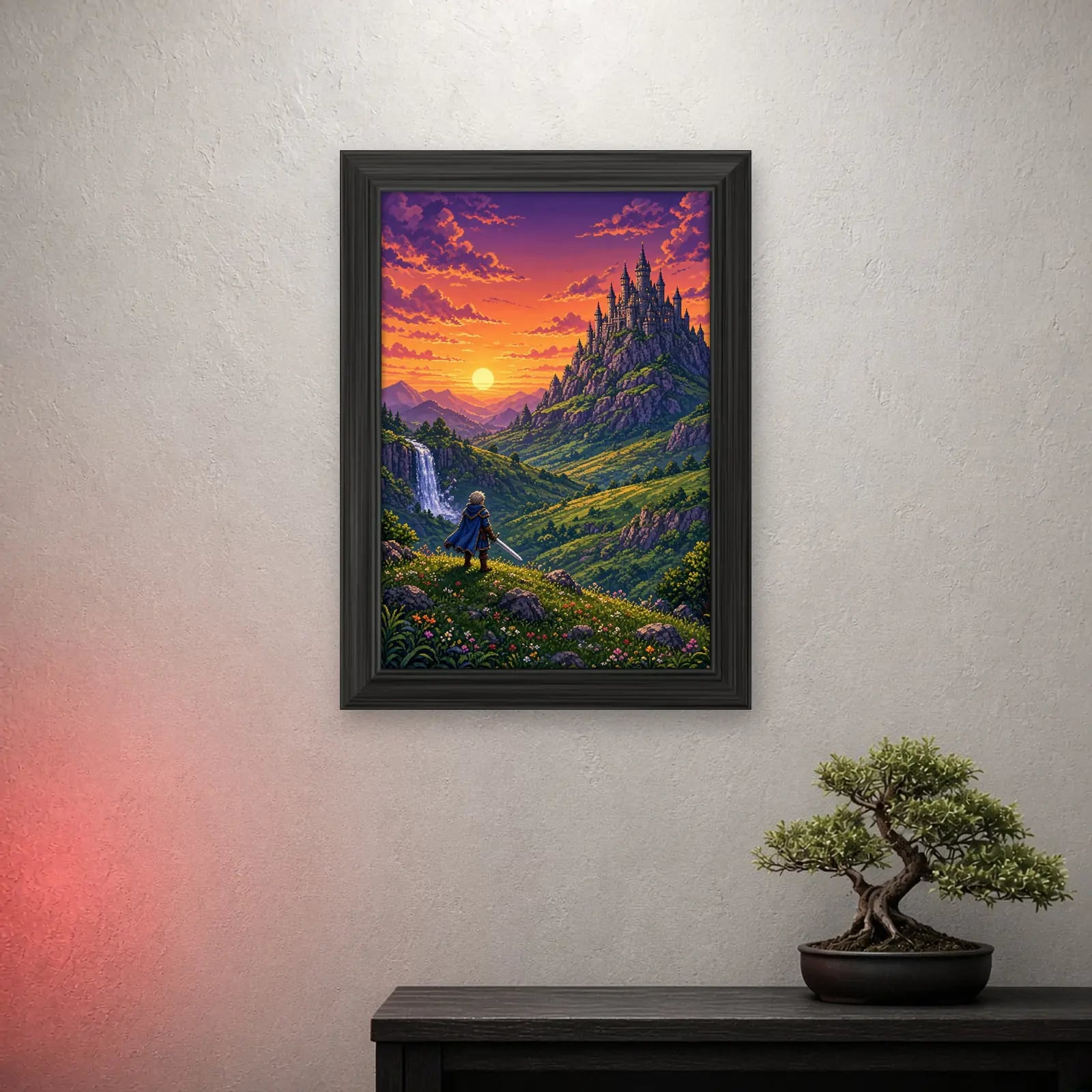 Pixel Quest Gaming Frame on a light wall with a crimson glow