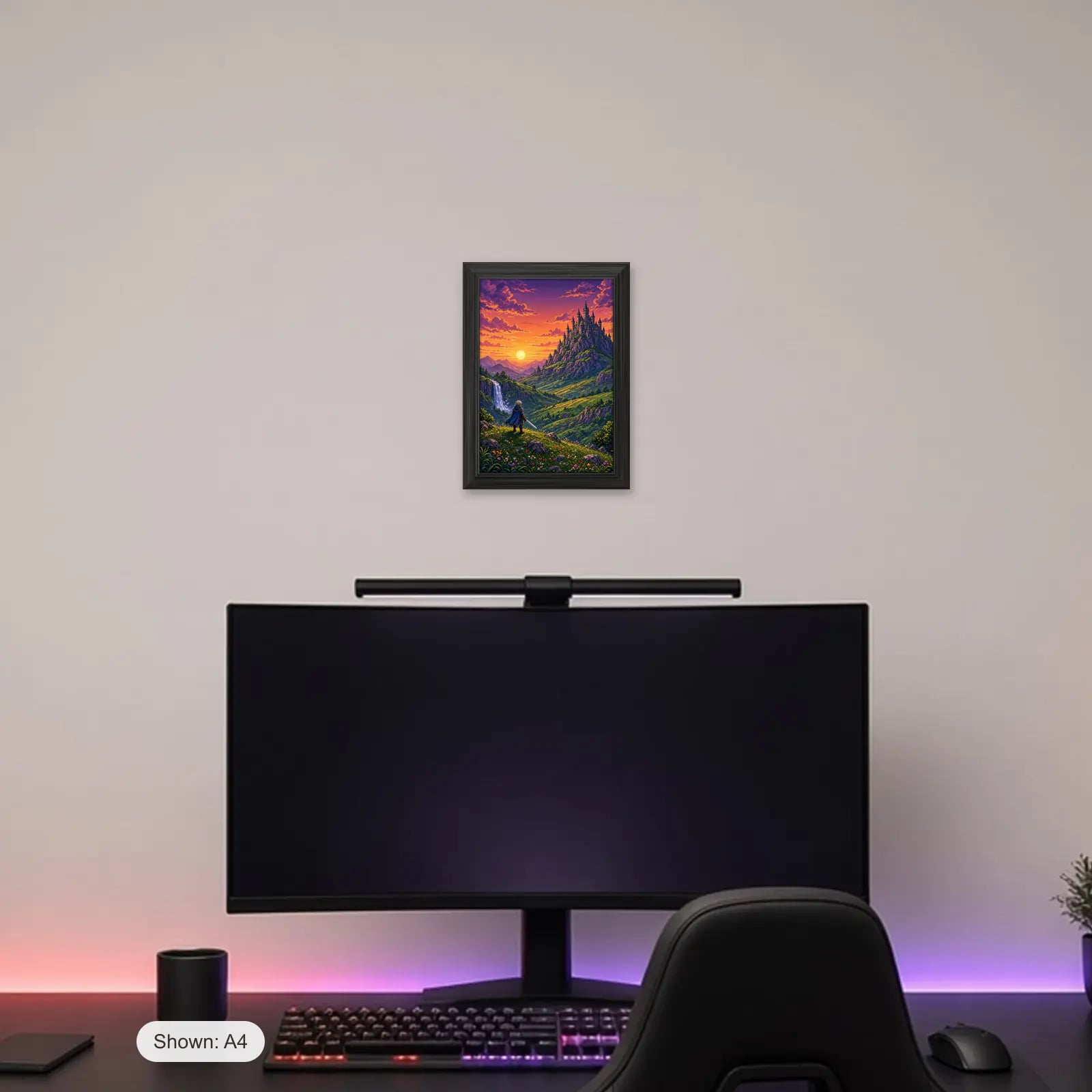 Pixel Quest Gaming Frame above a gaming desk