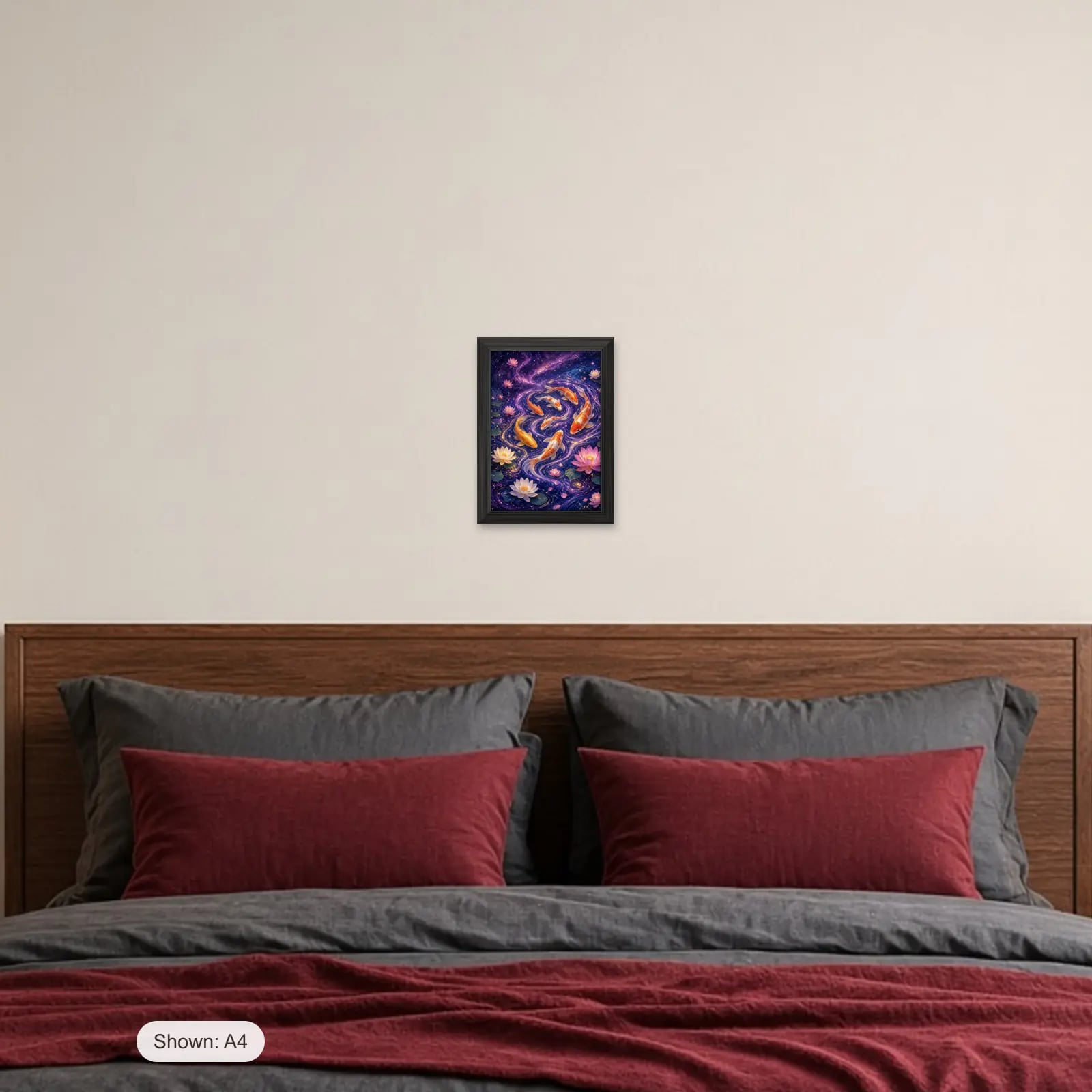 Koi Dream Art Print above a bed with crimson pillows