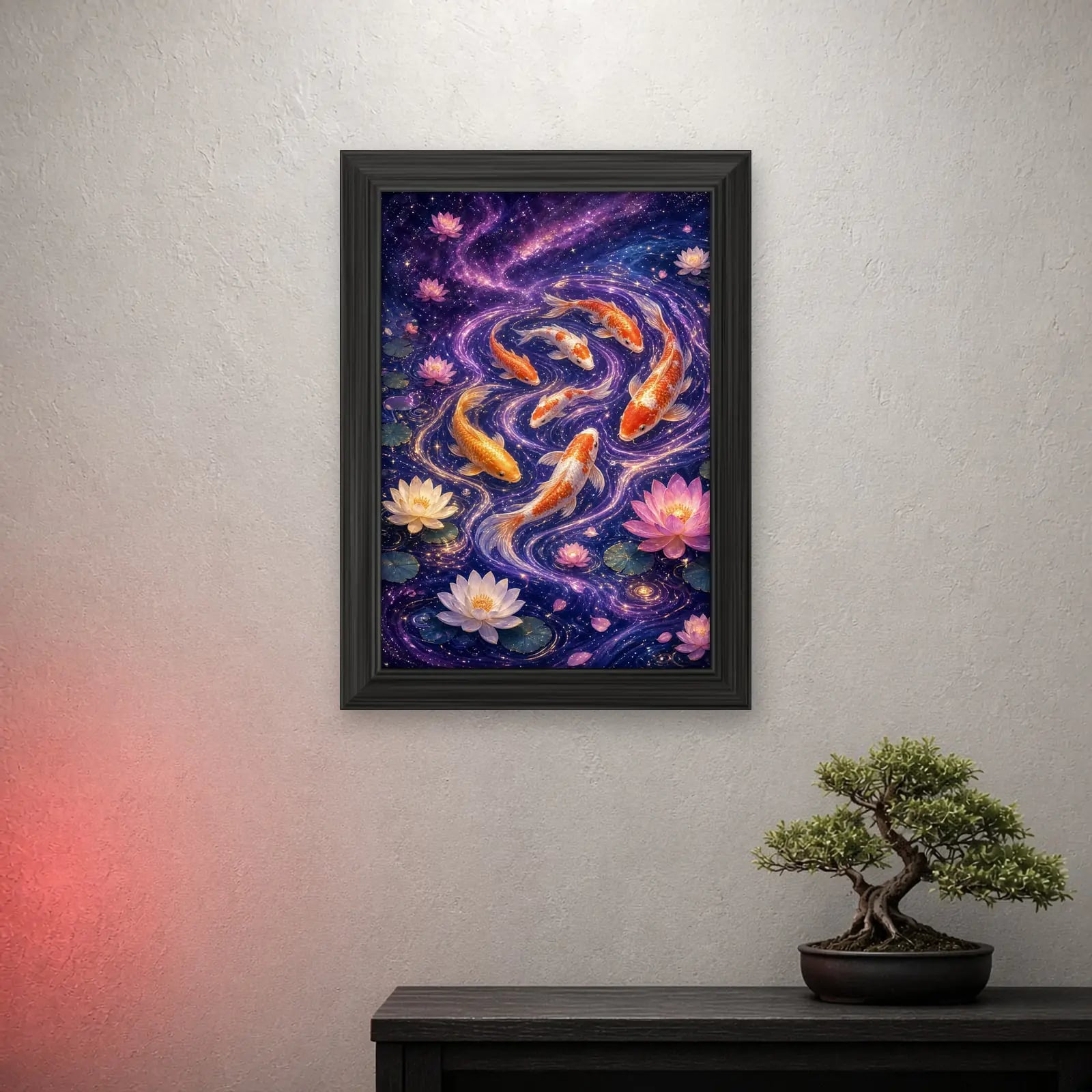 Koi Dream Art Print on a light wall with a crimson glow