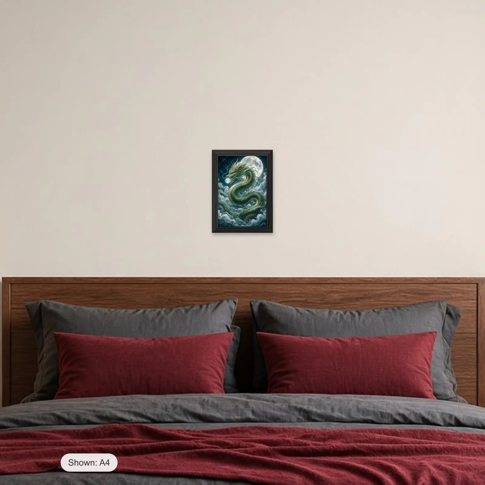Sky Dragon Anime Frame above a bed with crimson pillows