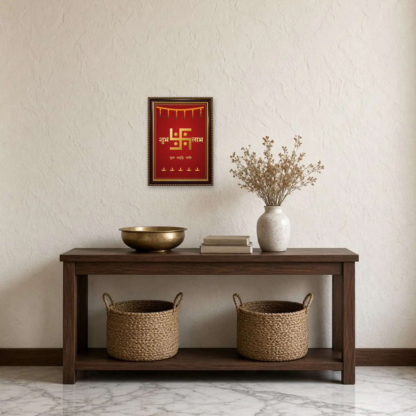 Shubh Labh Swastik Frame above a console table
