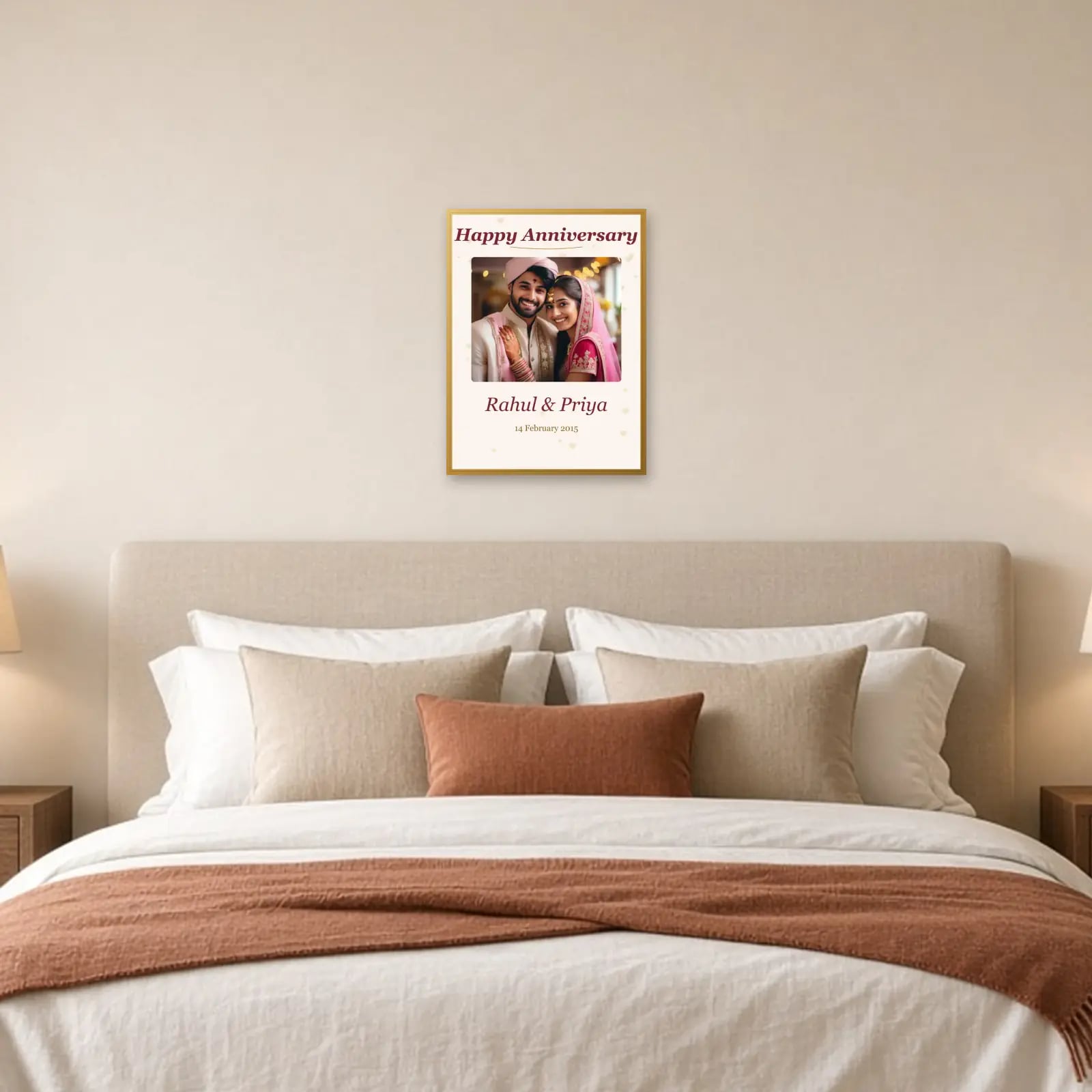 Happy Anniversary Frame with Names & Date above a bed