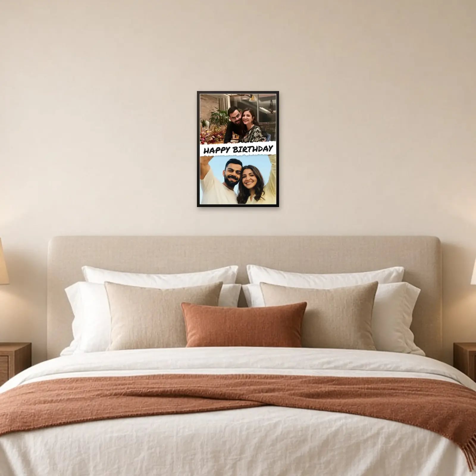 collage above a bed
