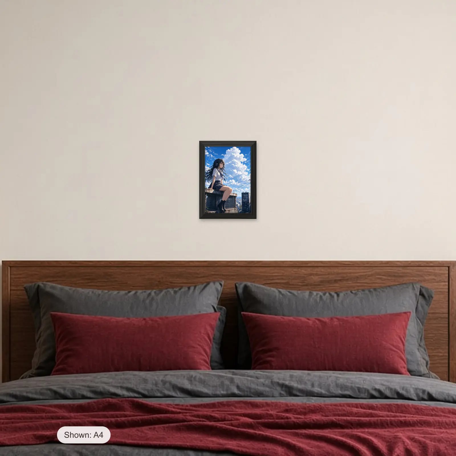 Summer Rooftop Anime Frame above a bed with crimson pillows