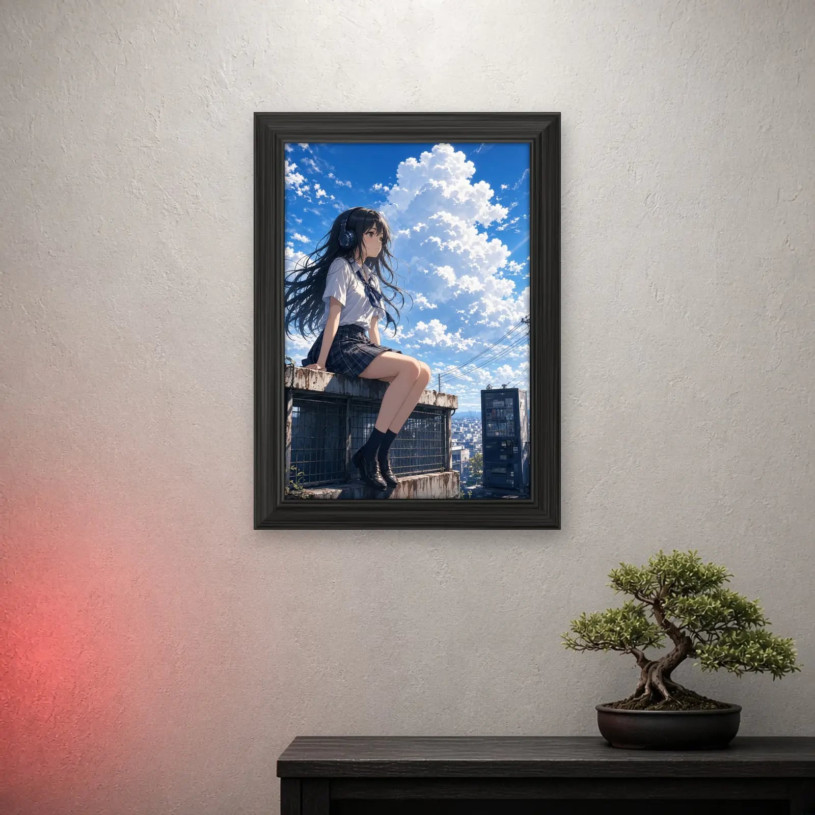 Summer Rooftop Anime Frame on a light wall with a crimson glow