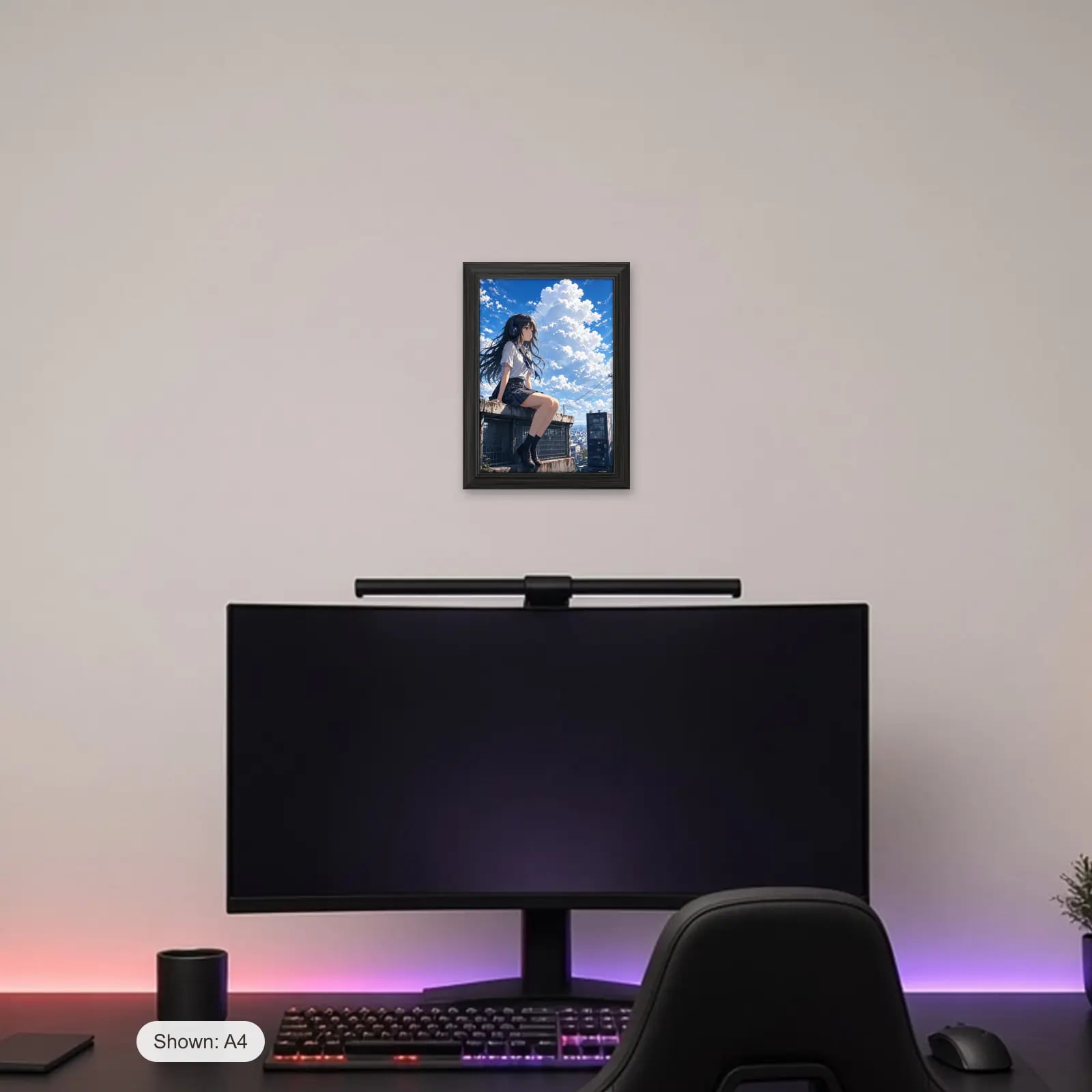 Summer Rooftop Anime Frame above a gaming desk