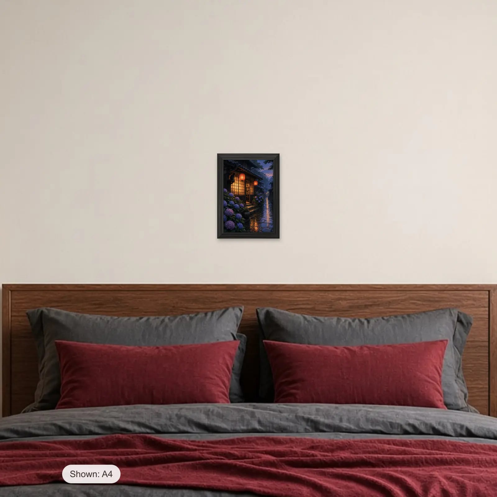 Rainy Tea House Anime Frame above a bed with crimson pillows