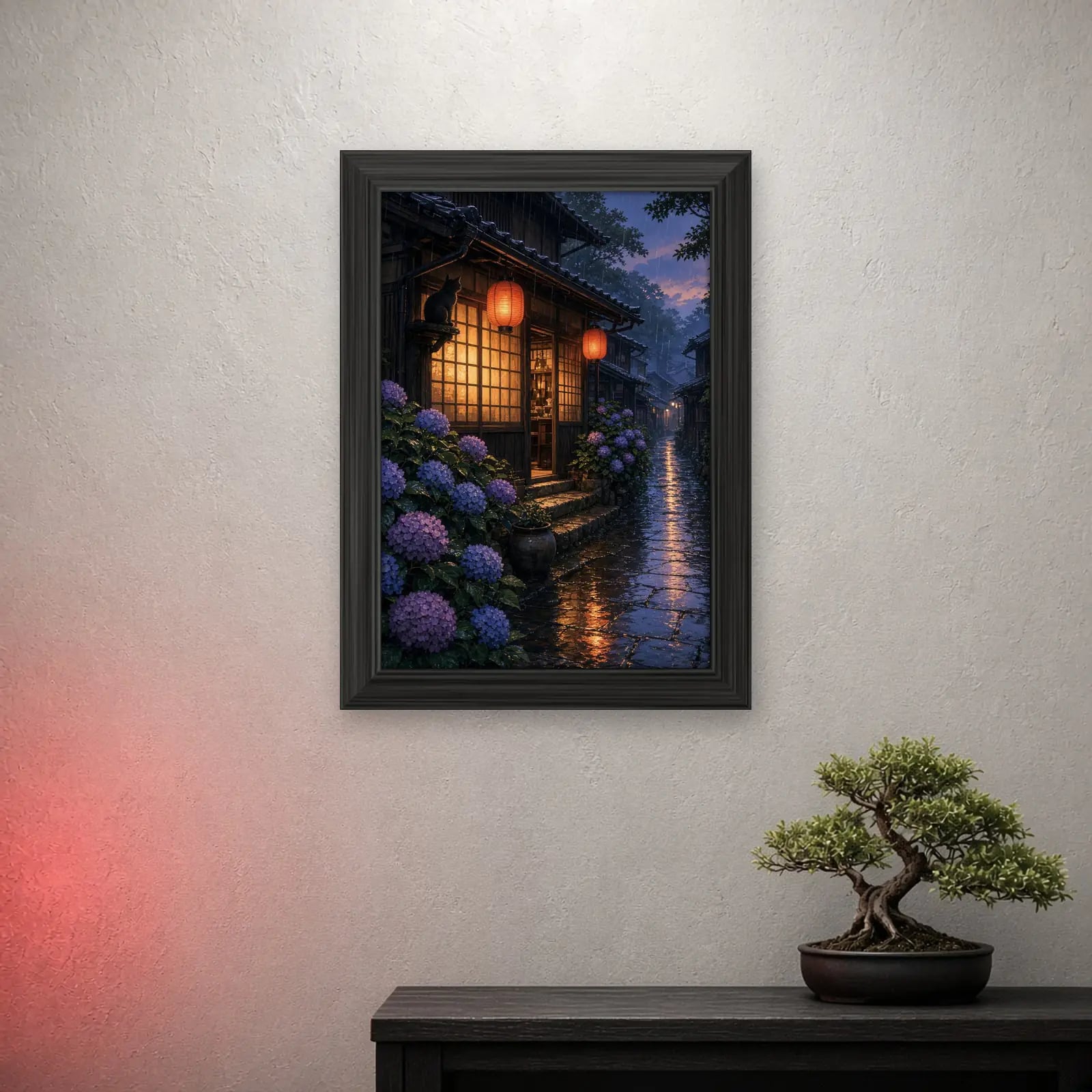 Rainy Tea House Anime Frame on a light wall with a crimson glow