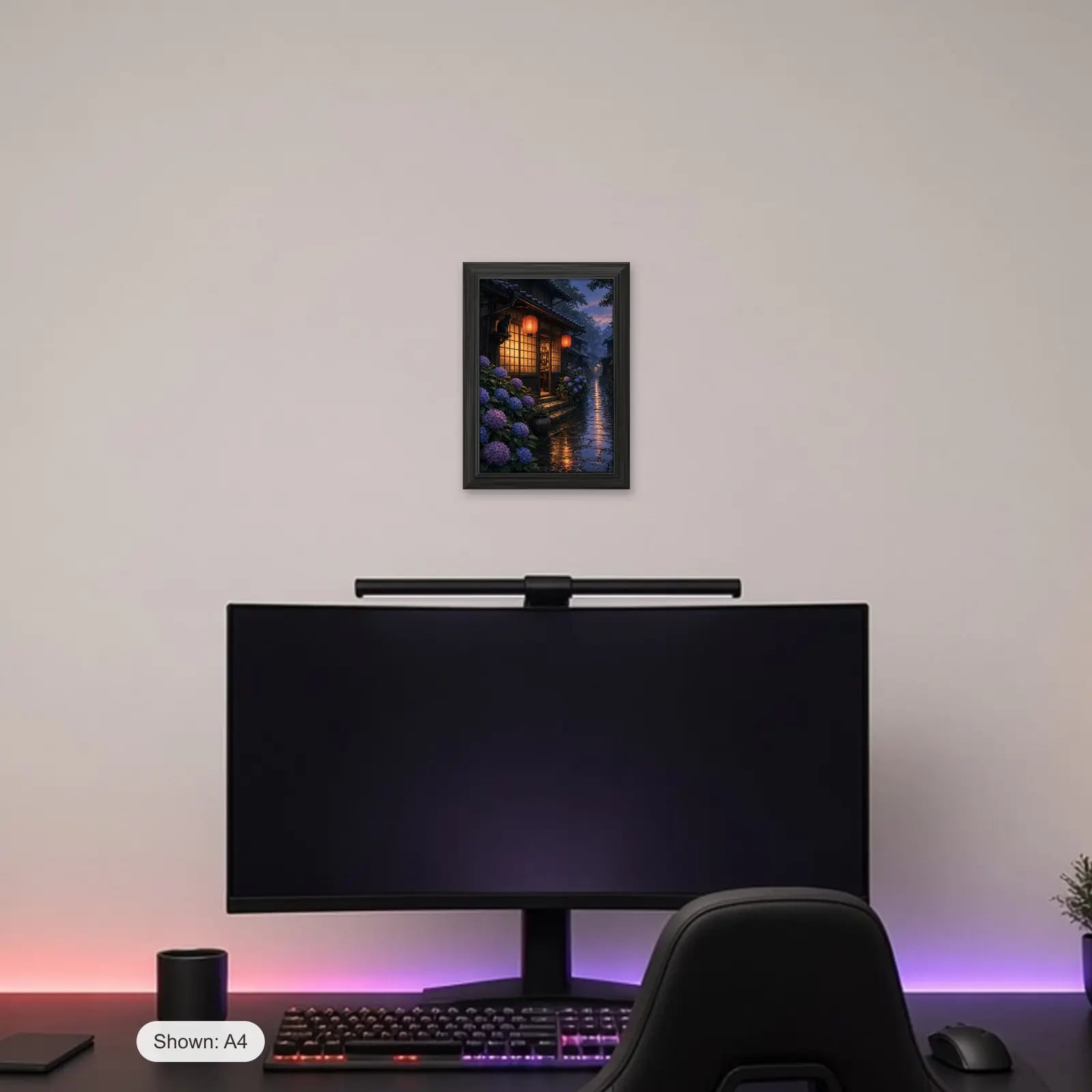 Rainy Tea House Anime Frame above a gaming desk
