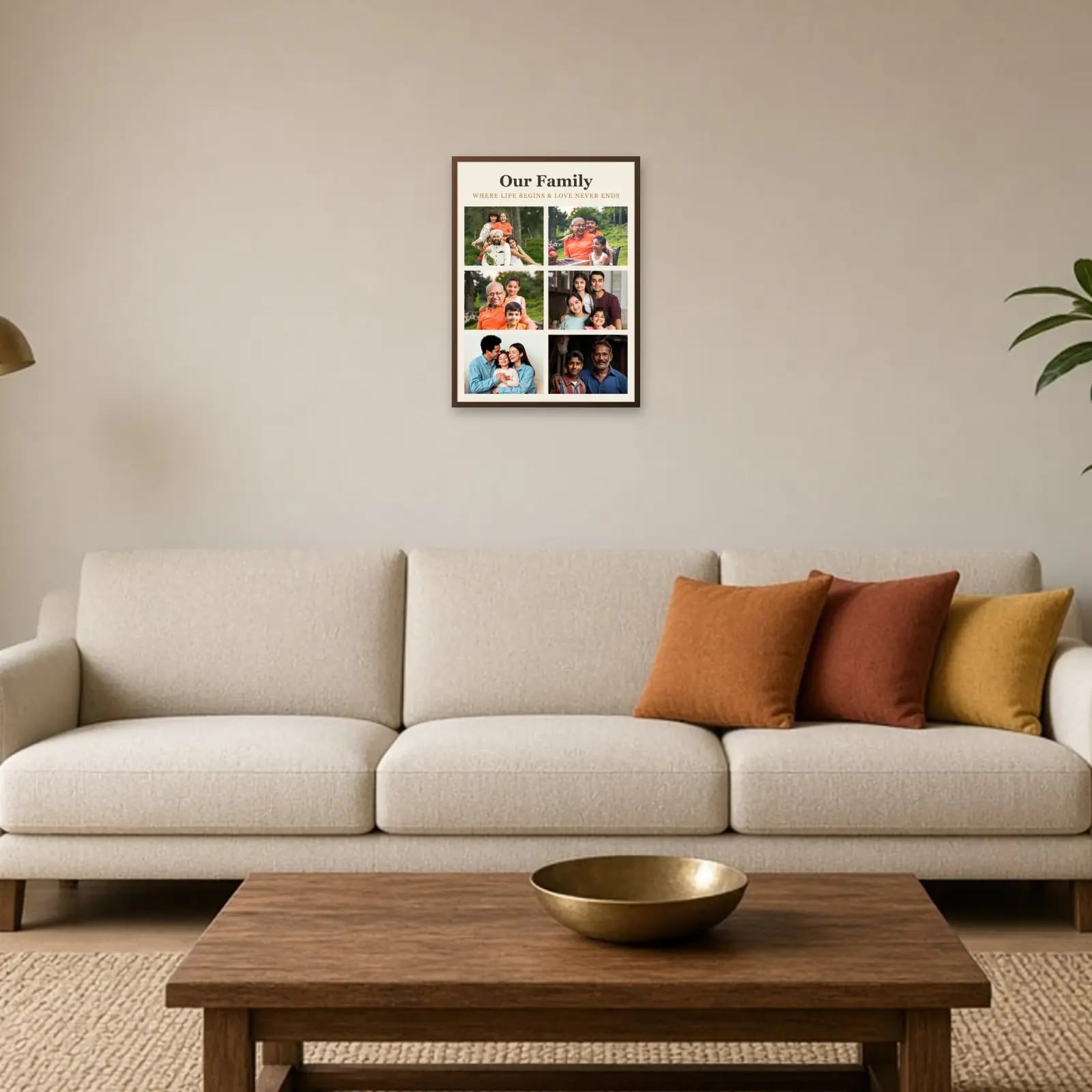 Family Grid Collage Frame — 6 Photos above a sofa