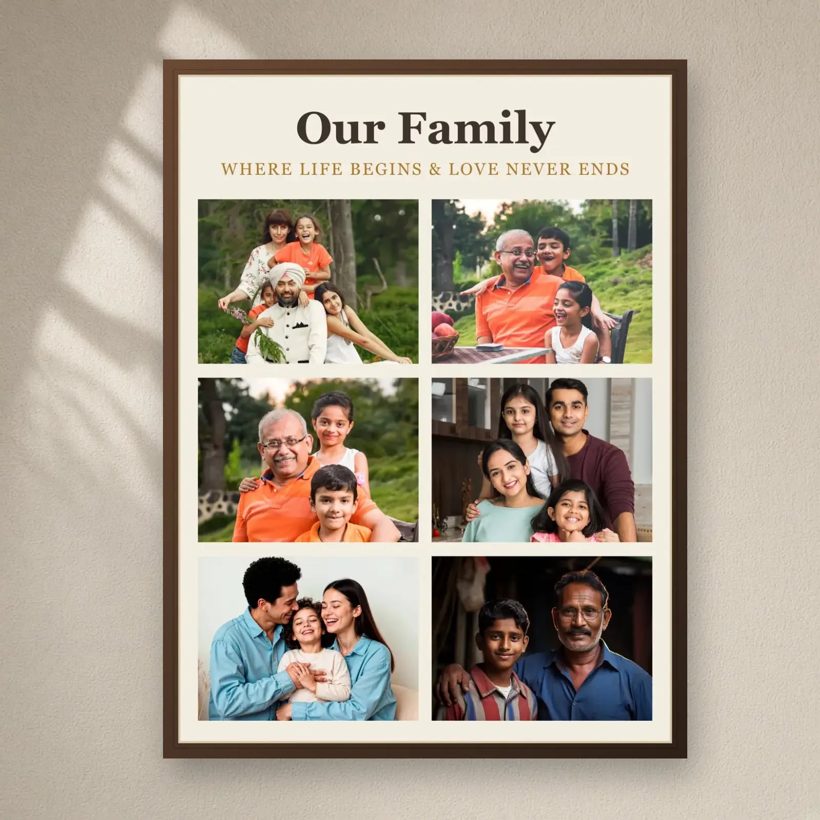 Family Grid Collage Frame — 6 Photos on a plain wall