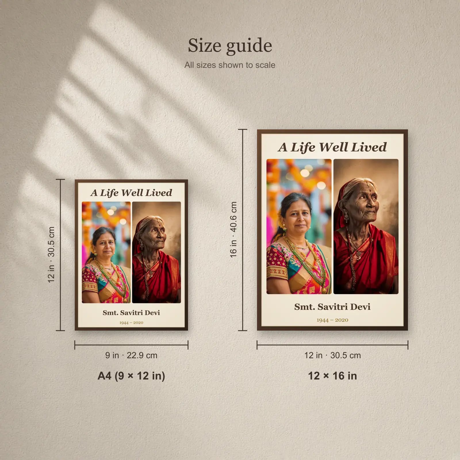 A Life Well Lived Memorial Frame — 2 Photos size guide: A4 (9 × 12 in), 12 × 16 in
