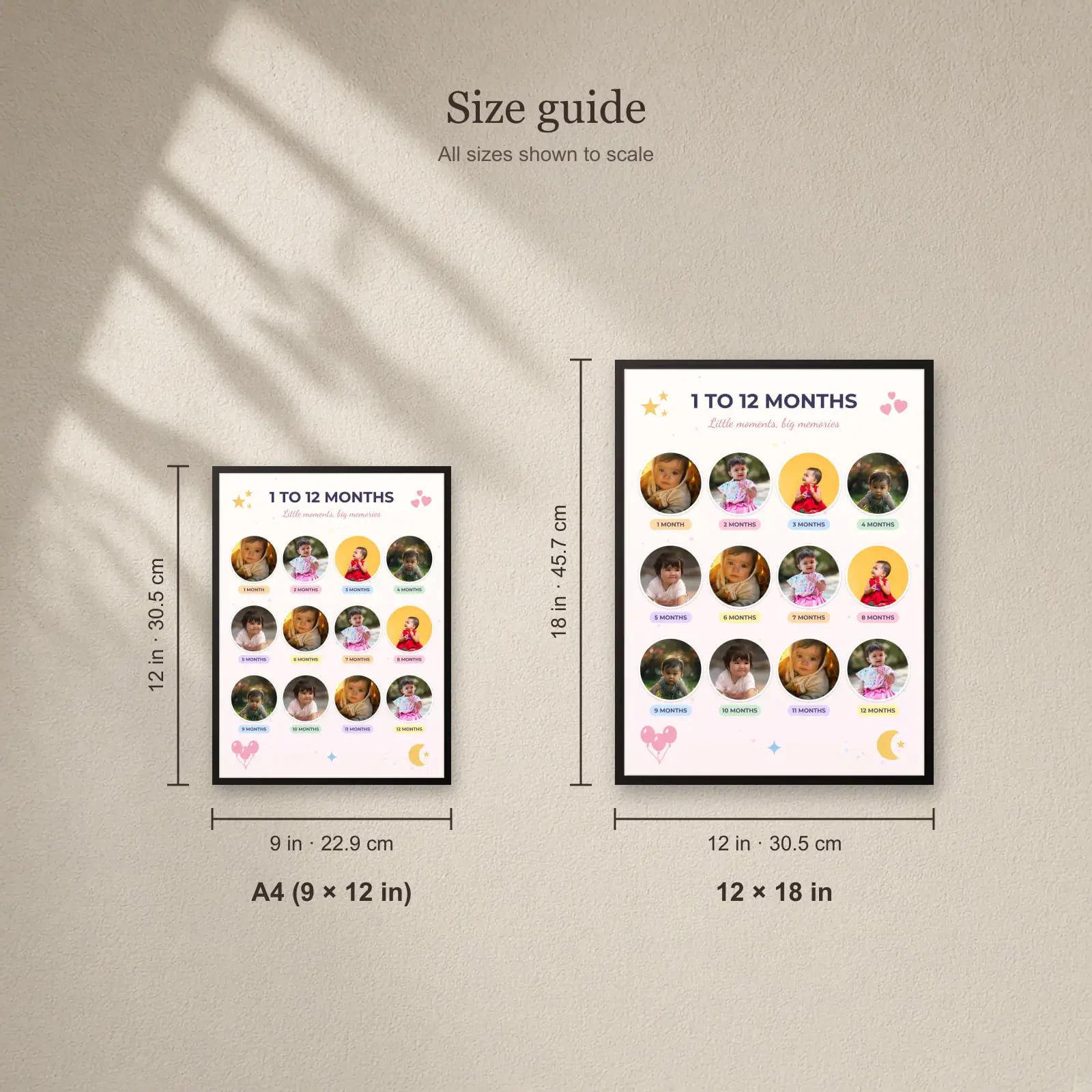 Baby 1 to 12 Months Frame size guide: A4 (9 × 12 in), 12 × 18 in