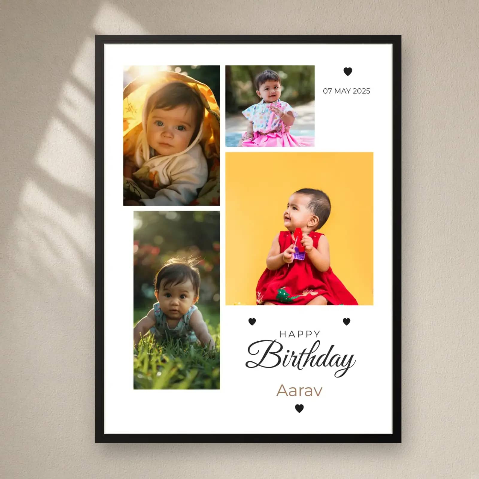 Baby Birthday Collage Frame — 4 Photos on a plain wall