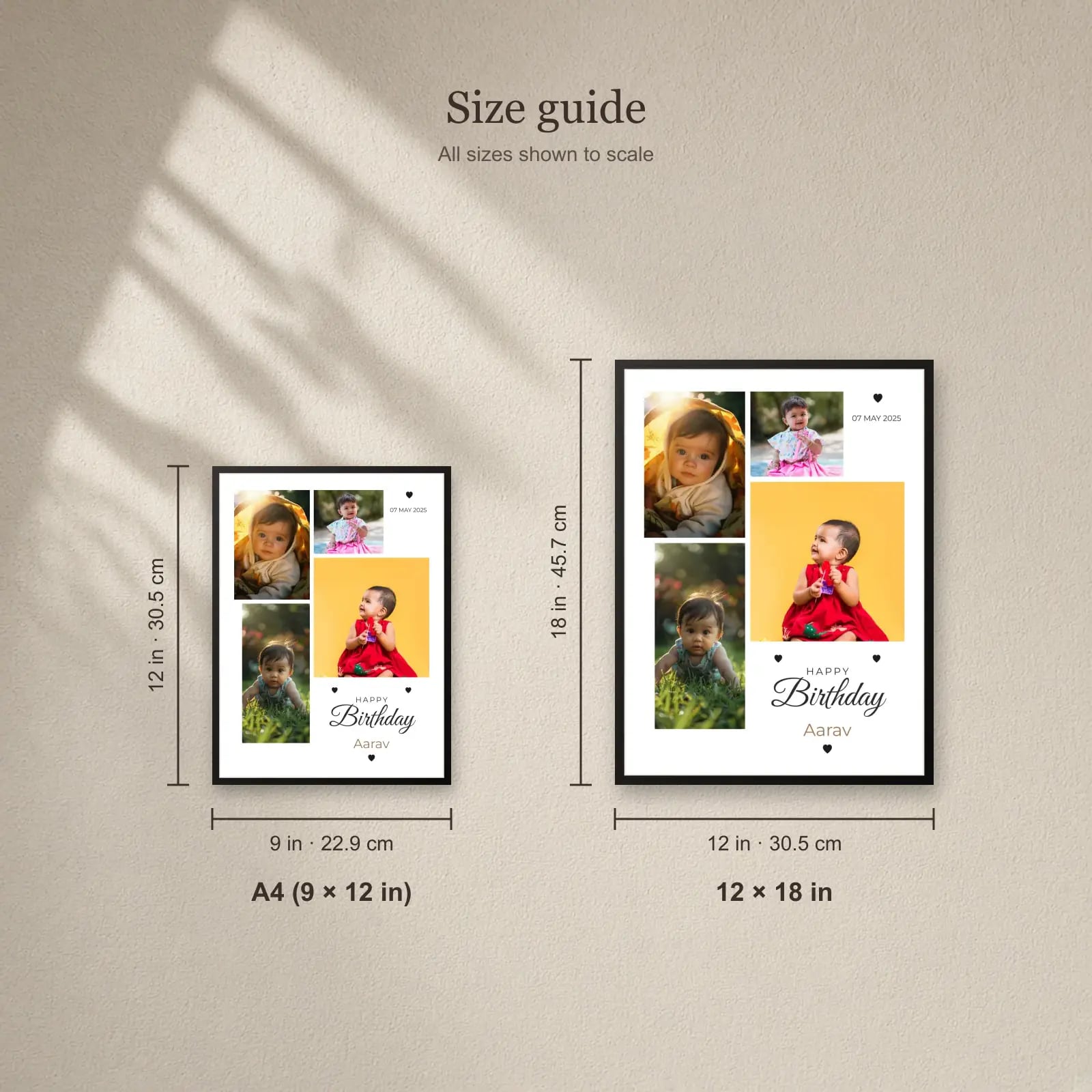 Baby Birthday Collage Frame — 4 Photos size guide: A4 (9 × 12 in), 12 × 18 in