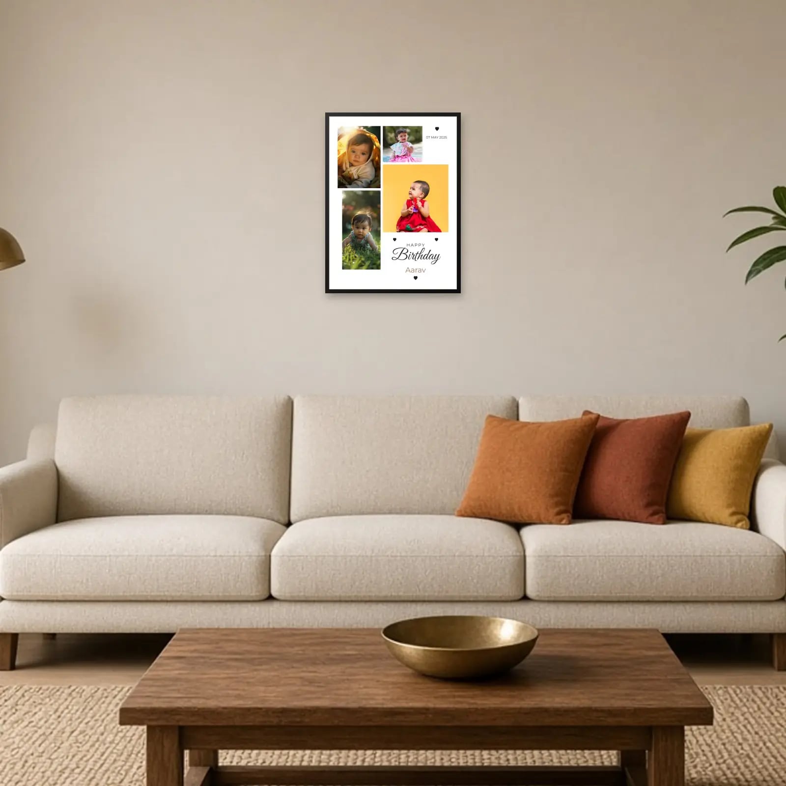 Baby Birthday Collage Frame — 4 Photos above a sofa