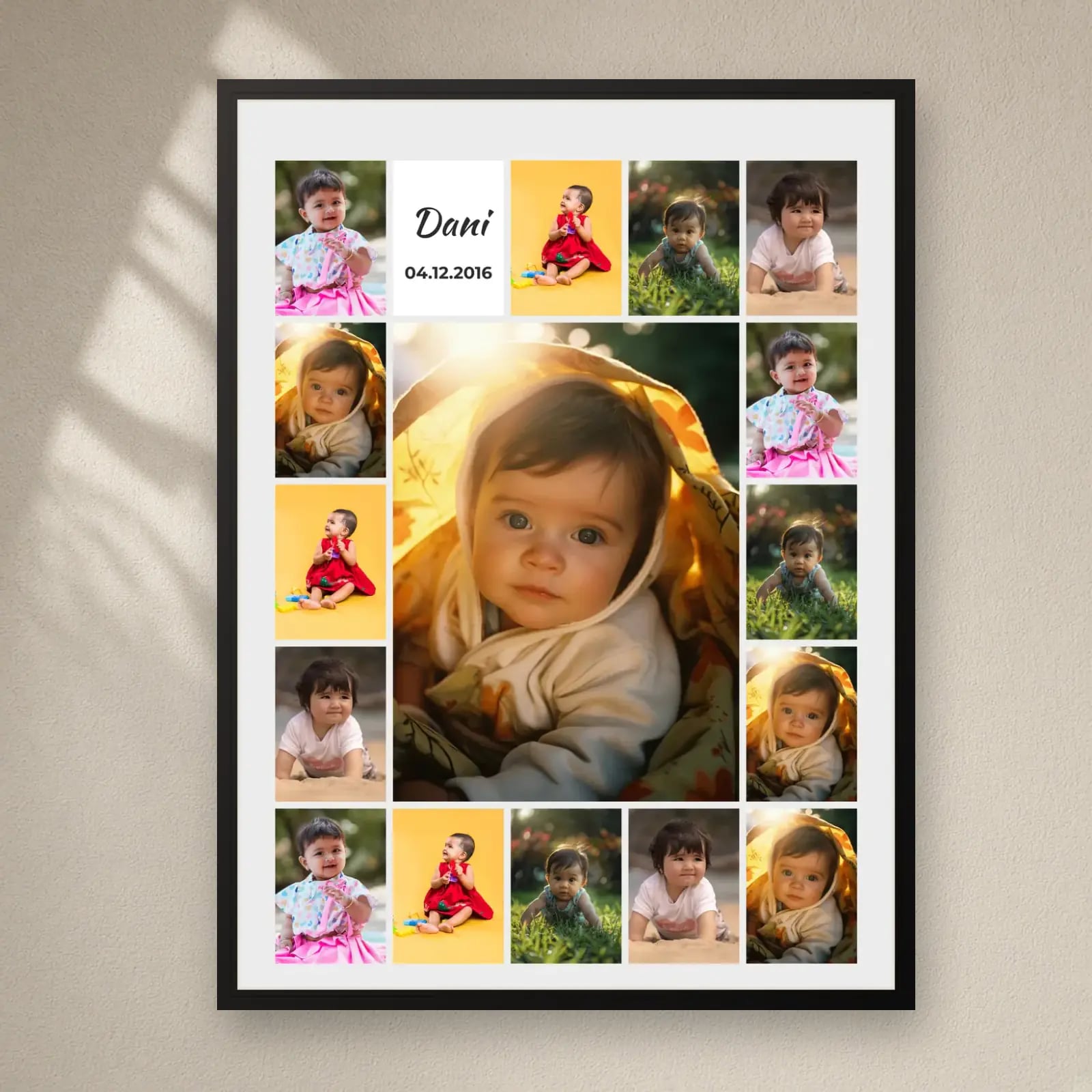 Baby Mosaic Name Frame — 16 Photos on a plain wall
