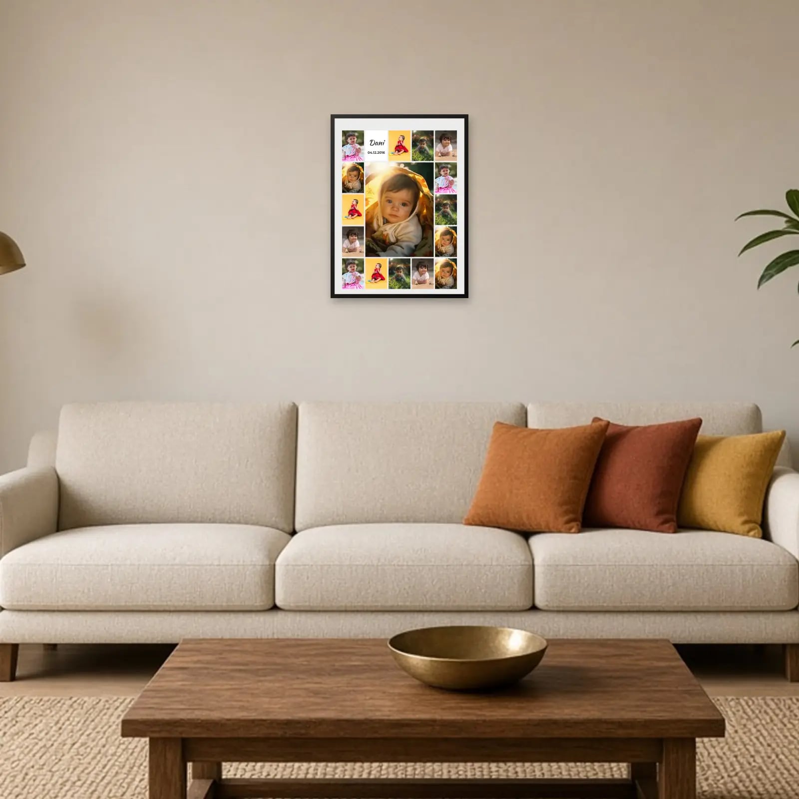 Baby Mosaic Name Frame — 16 Photos above a sofa