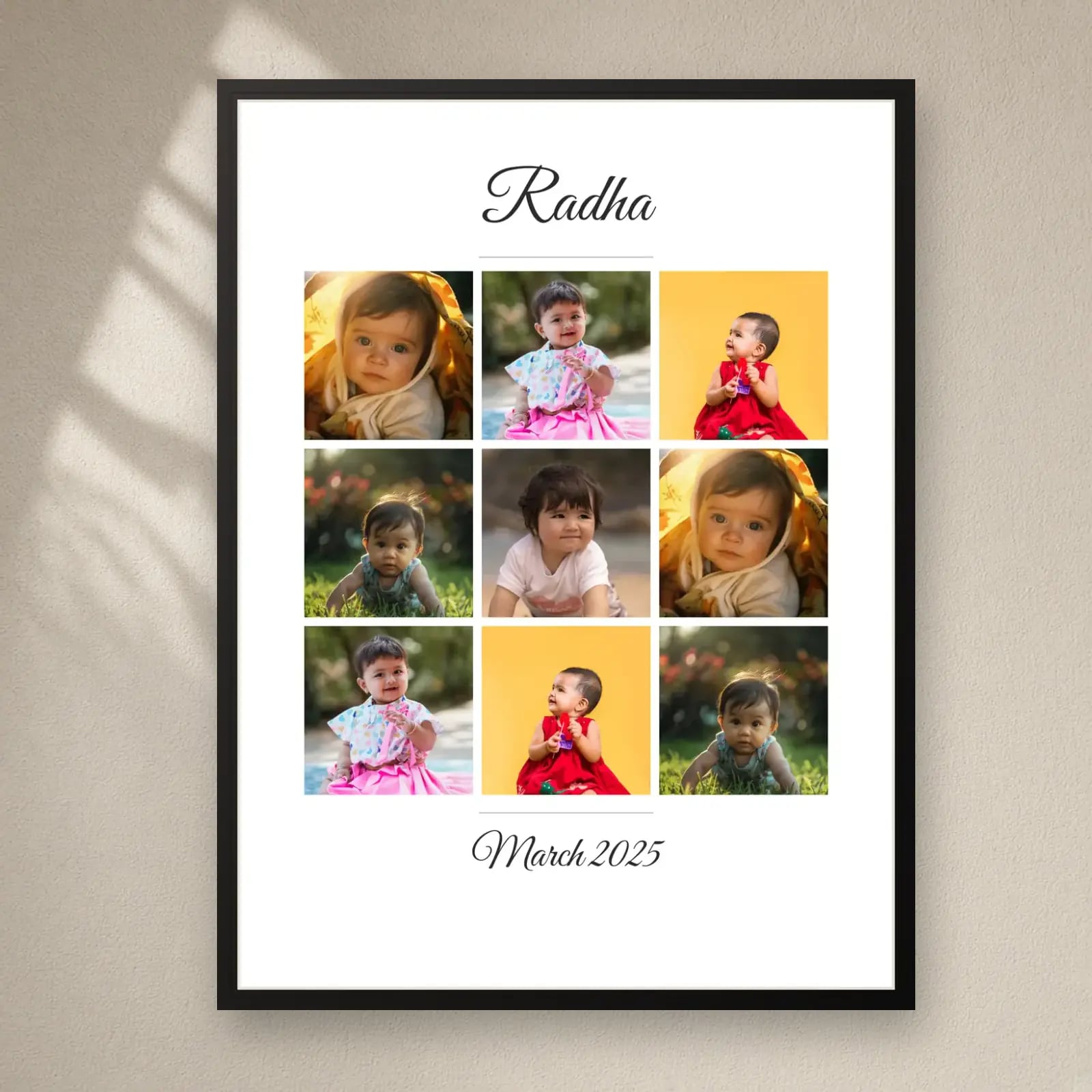 Baby Name Grid Frame — 9 Photos on a plain wall