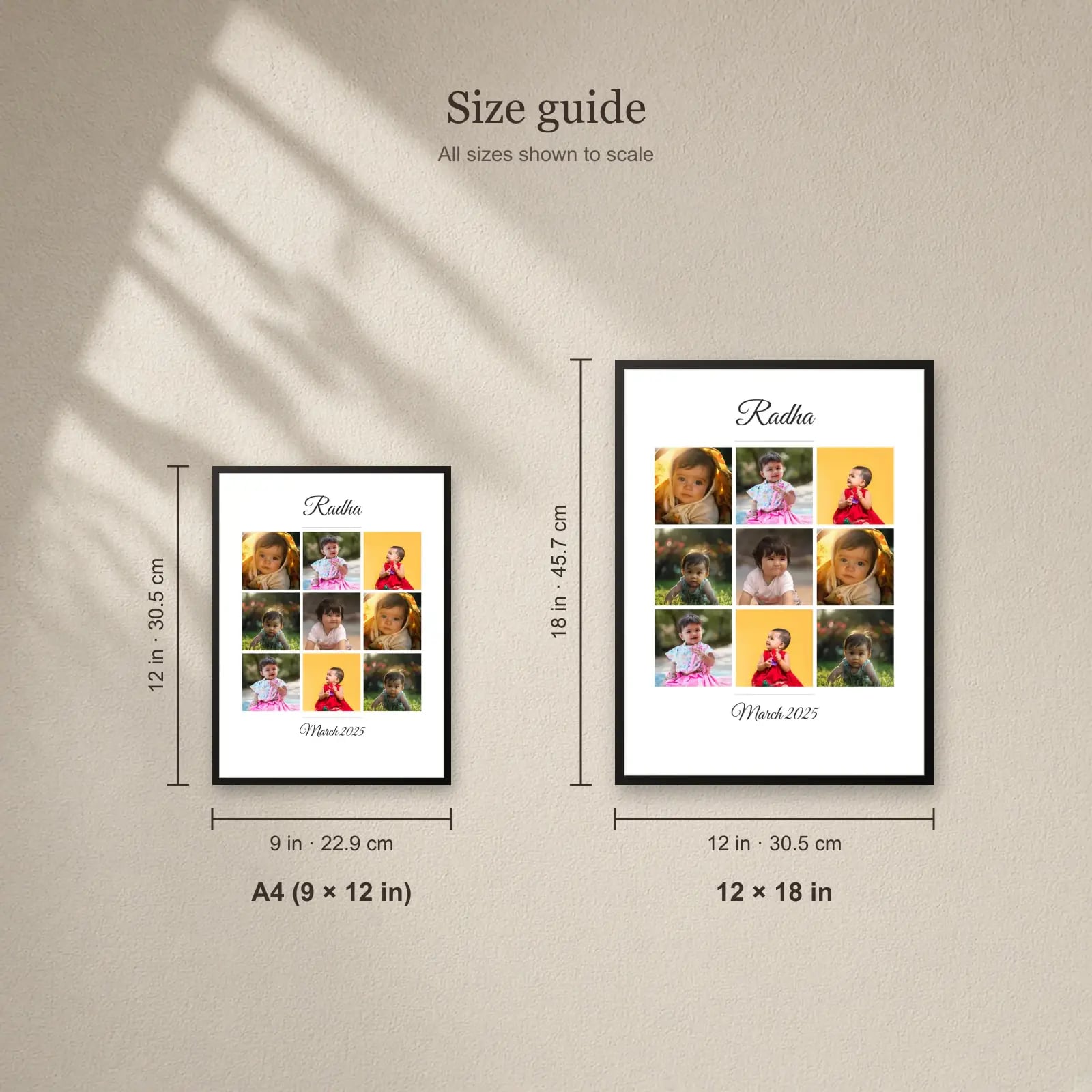 Baby Name Grid Frame — 9 Photos size guide: A4 (9 × 12 in), 12 × 18 in