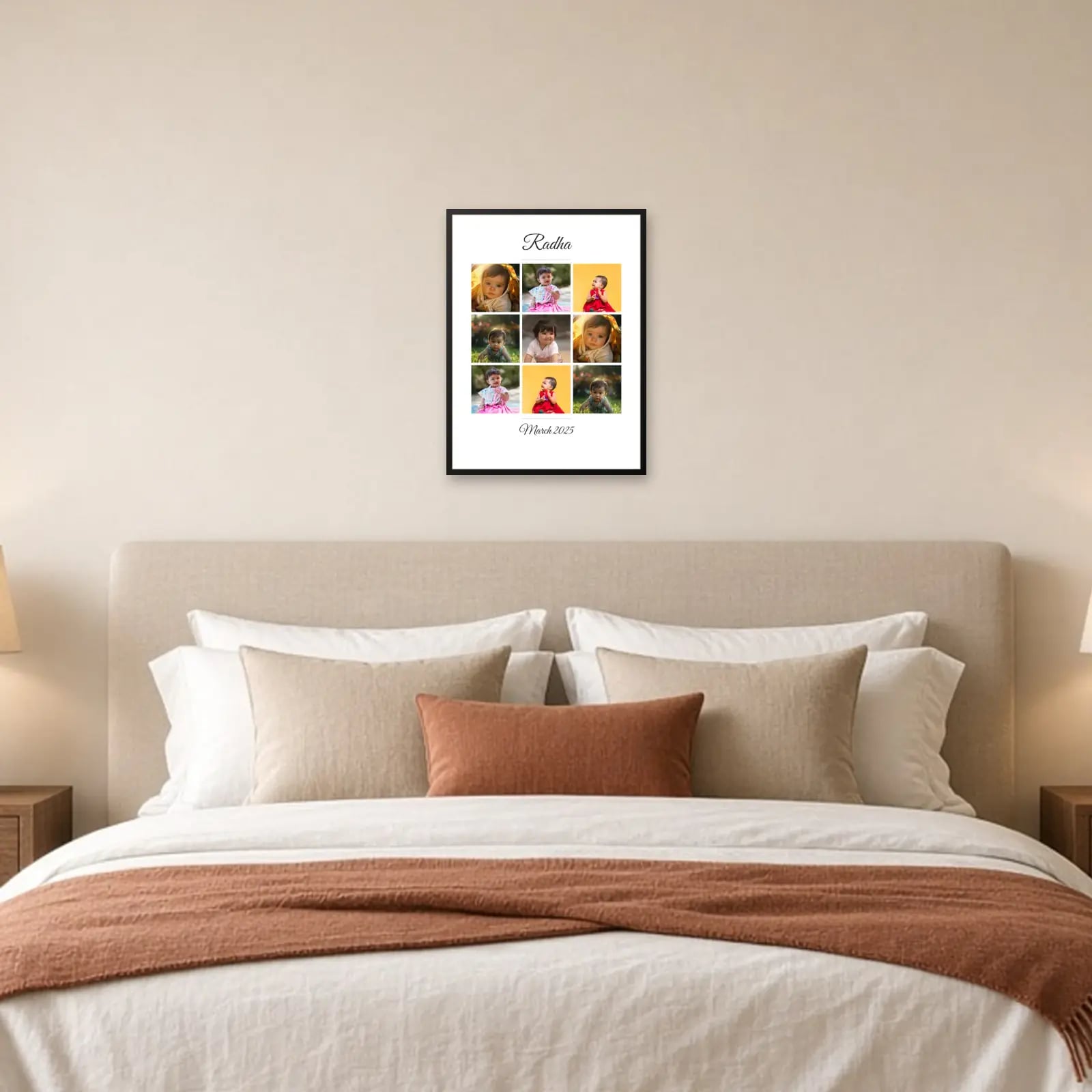 Baby Name Grid Frame — 9 Photos above a bed