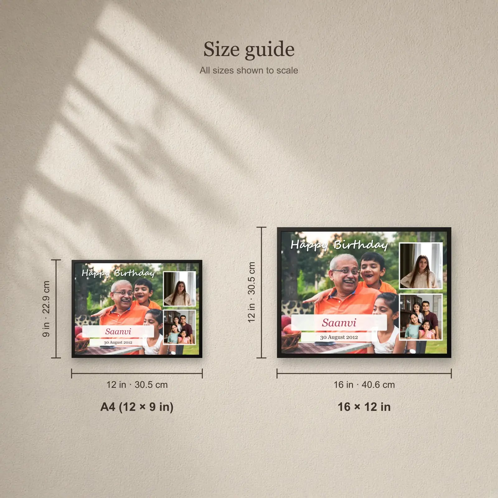 Happy Birthday Landscape Frame — 3 Photos size guide: A4 (12 × 9 in), 16 × 12 in