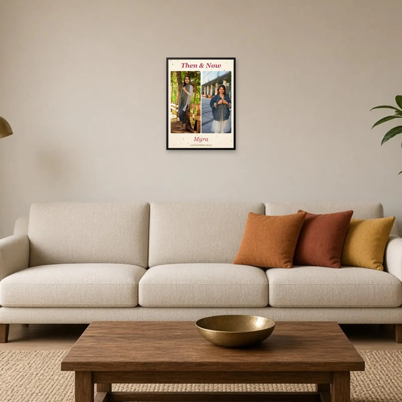 Birthday Then & Now Frame above a sofa