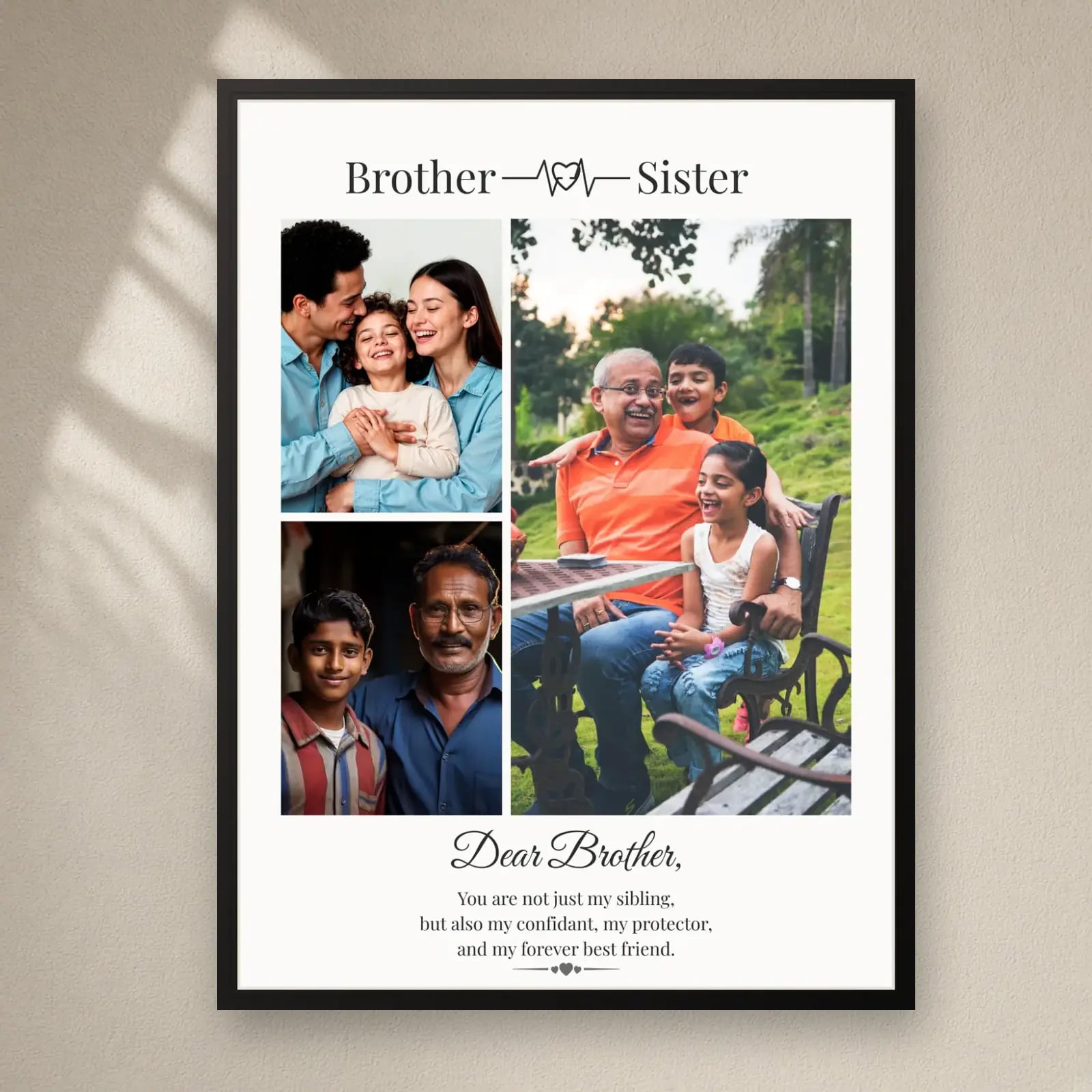 Brother Sister Heartbeat Frame — 3 Photos on a plain wall