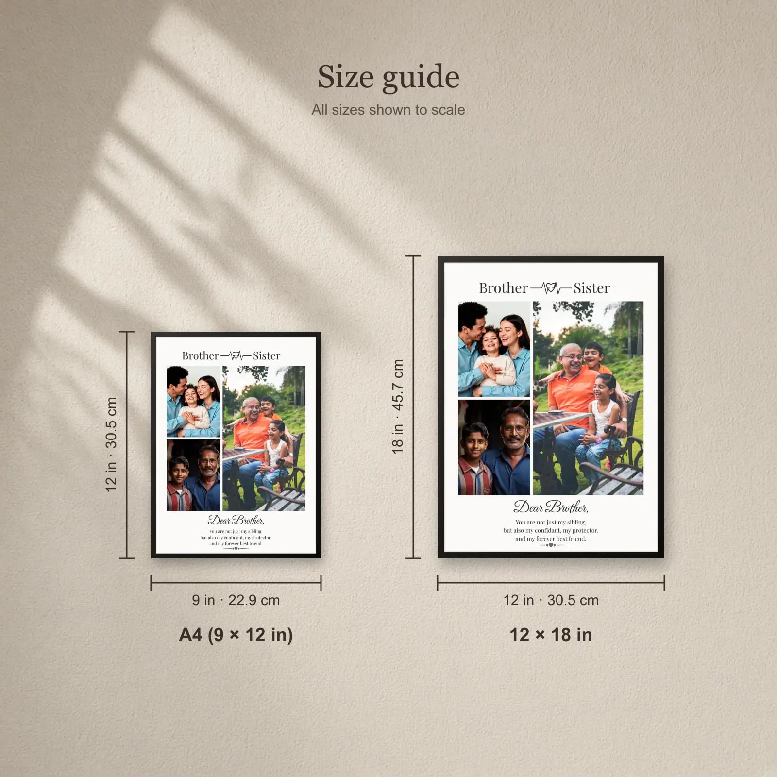 Brother Sister Heartbeat Frame — 3 Photos size guide: A4 (9 × 12 in), 12 × 18 in