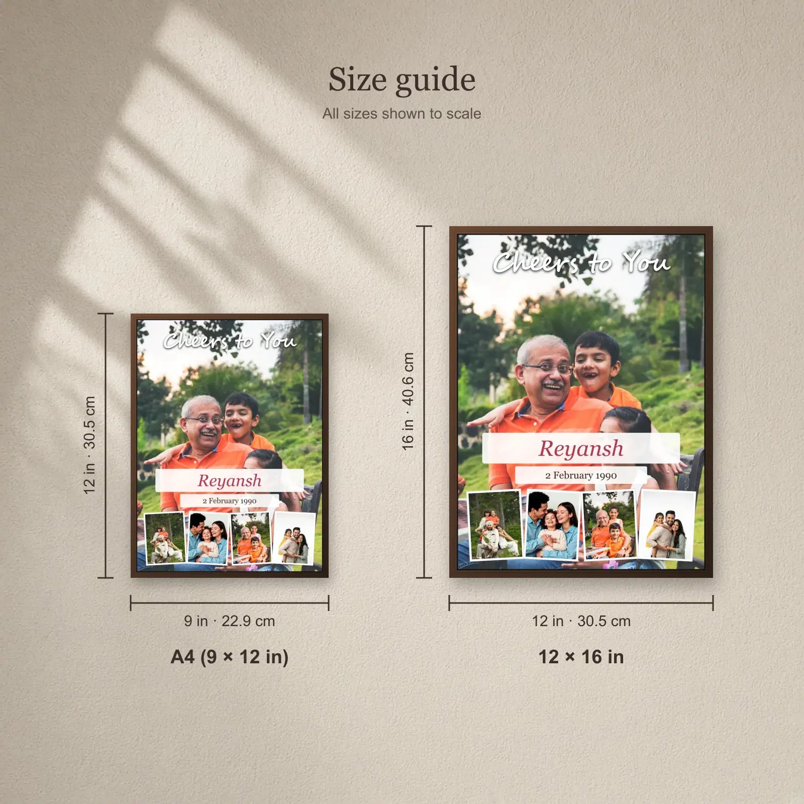 Cheers to You Birthday Frame — 5 Photos size guide: A4 (9 × 12 in), 12 × 16 in
