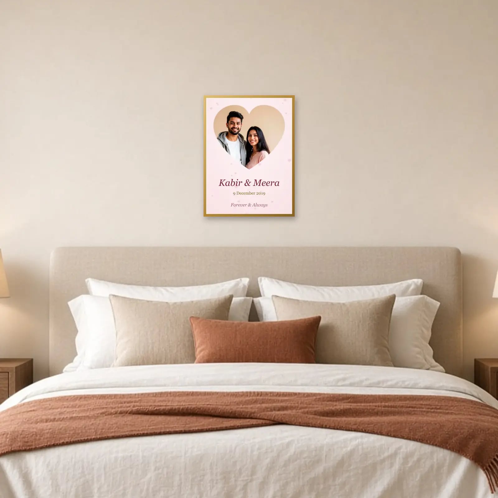 Couple Big Heart Frame with Names & Date above a bed
