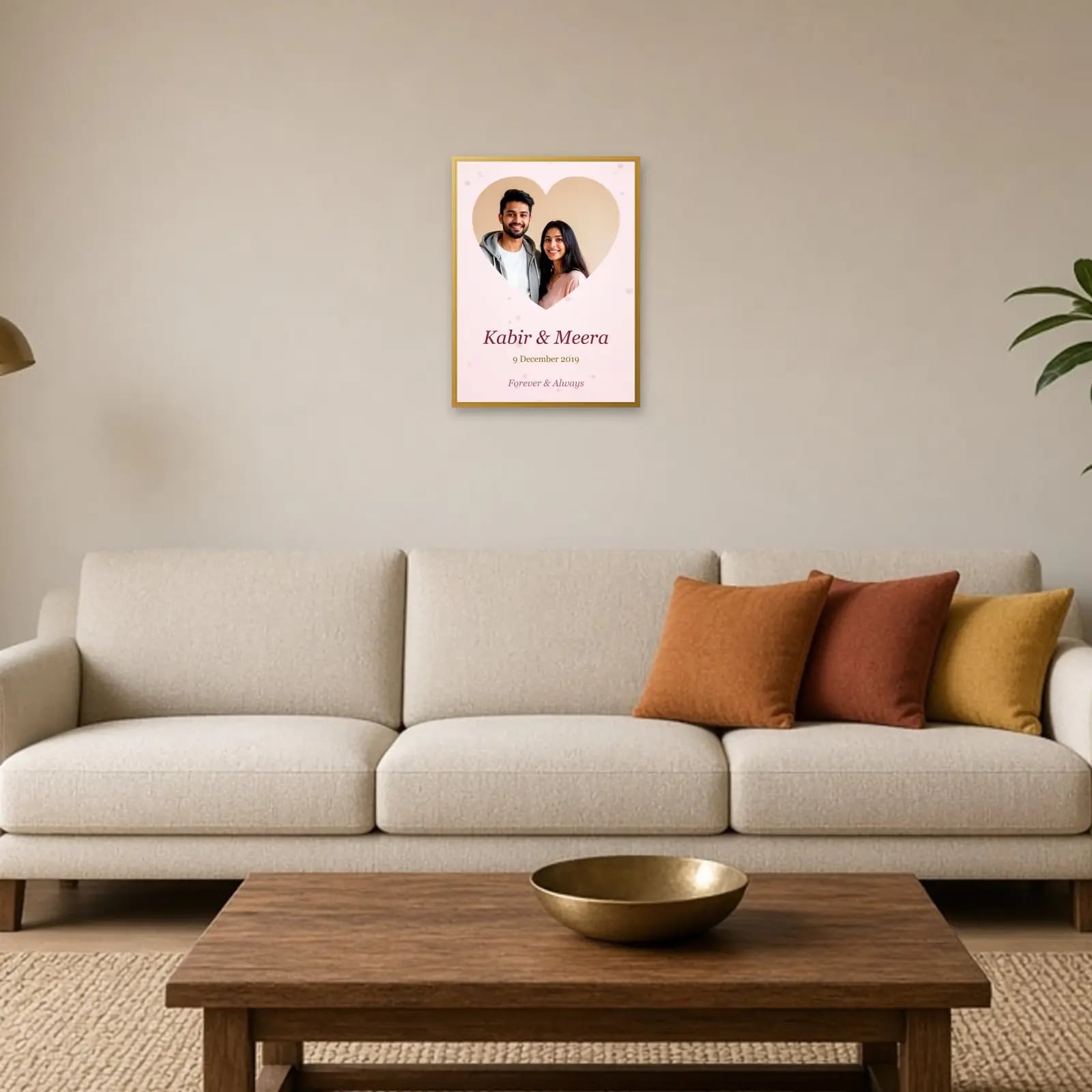 Couple Big Heart Frame with Names & Date above a sofa